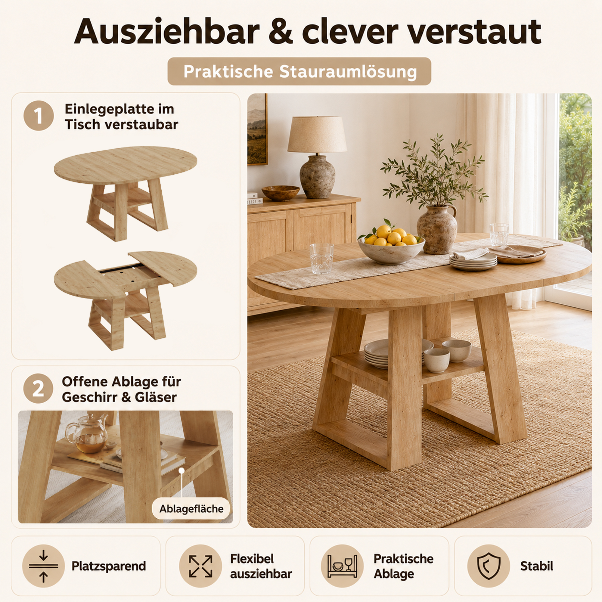 Détails de la table extensible avec rangement