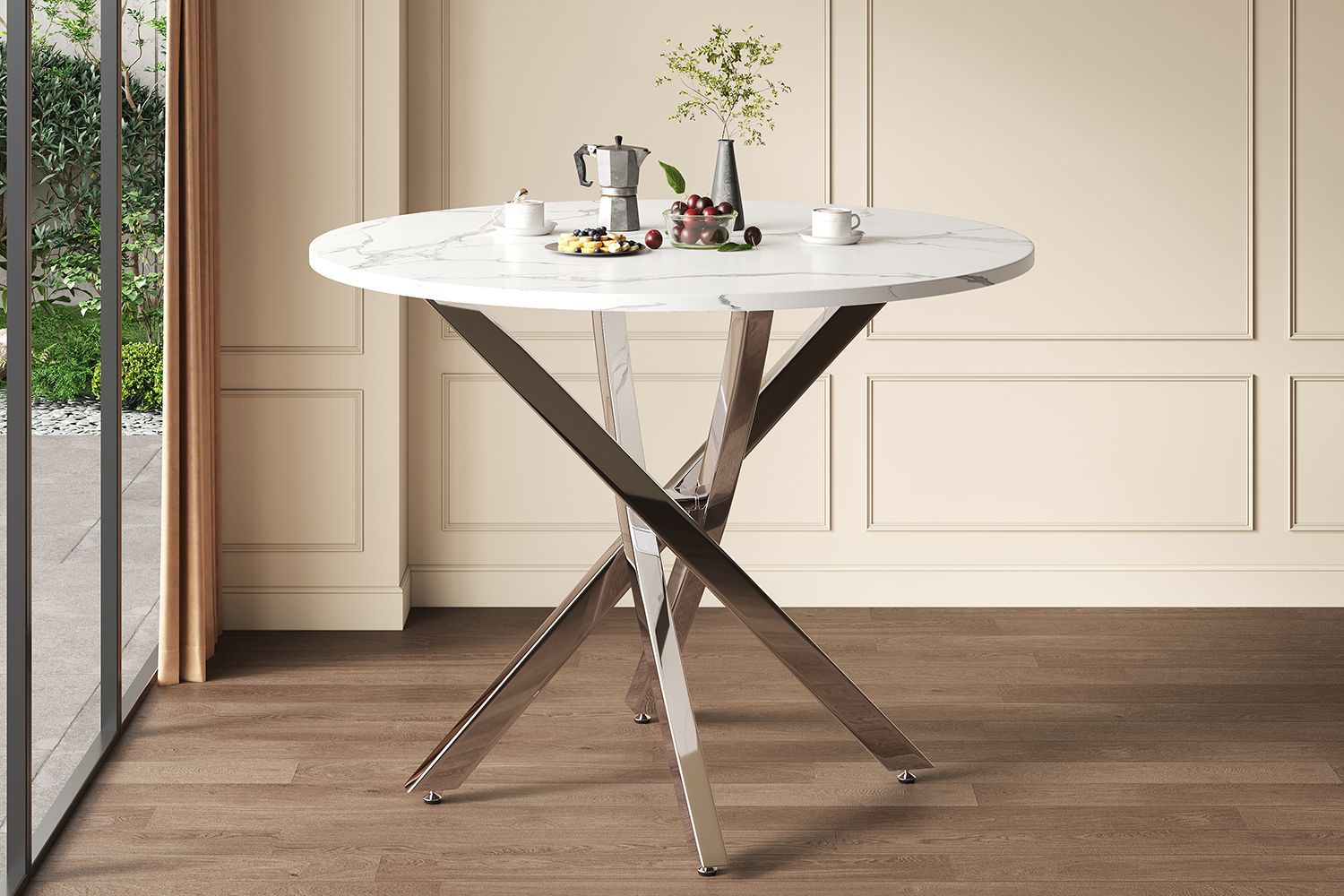 Table à manger ronde Ø80 cm en marbre, pieds métal argent chromé en croix, pour salle à manger et cuisine, design compact, style moderne élégant, stabilité, facile entretien, gain de place - image 7