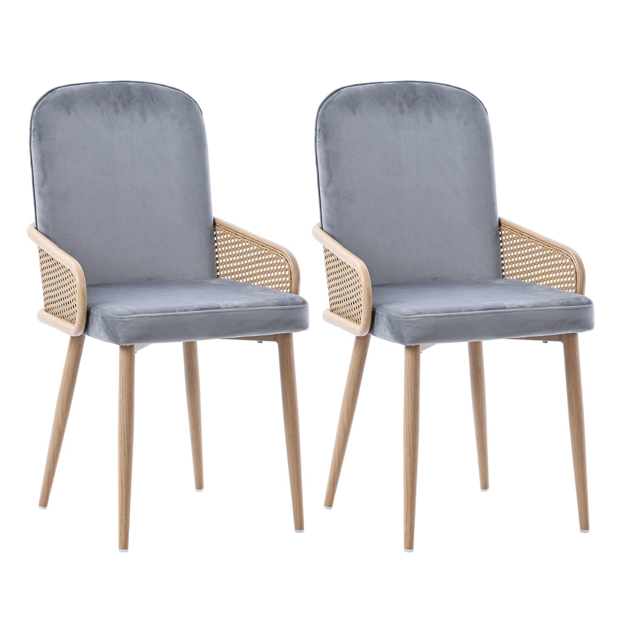 Chaise de salle à manger, lot de 2, détails en rotin, métal et velours, gris - vue 1