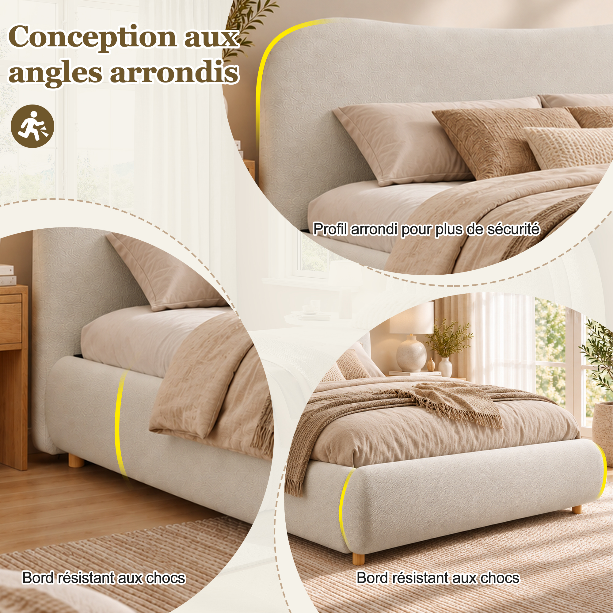 Détails du lit bouclé blanc avec pieds en bois