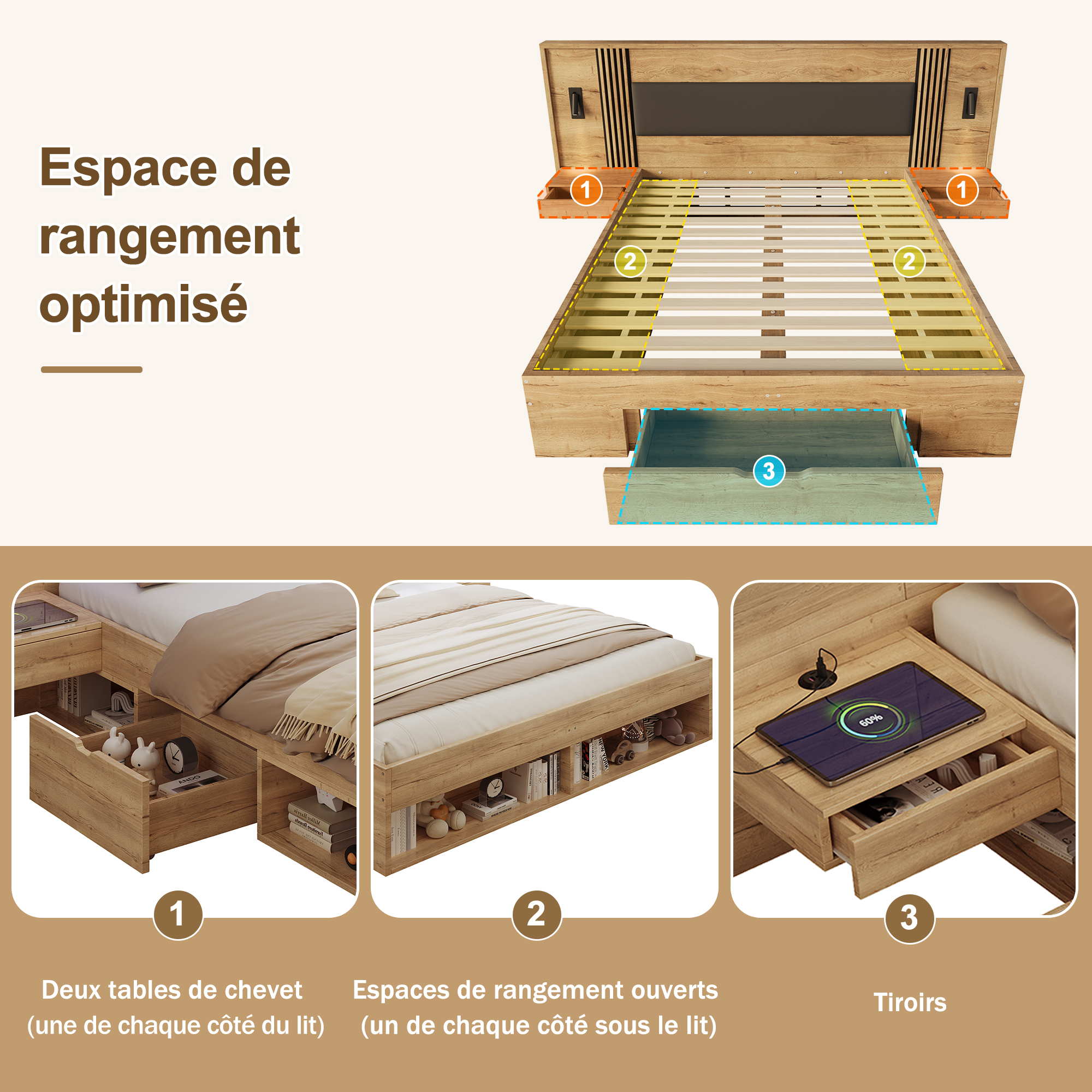 Lit double confortable rangements