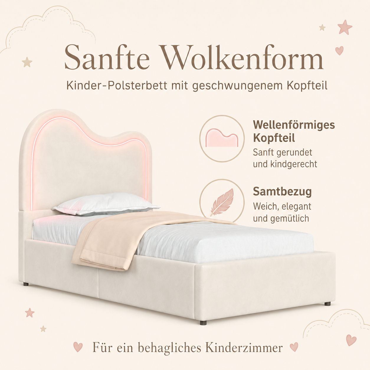 Dimensions du lit enfant Beige 90 x 200 cm avec sommier à lattes et éclairage LED