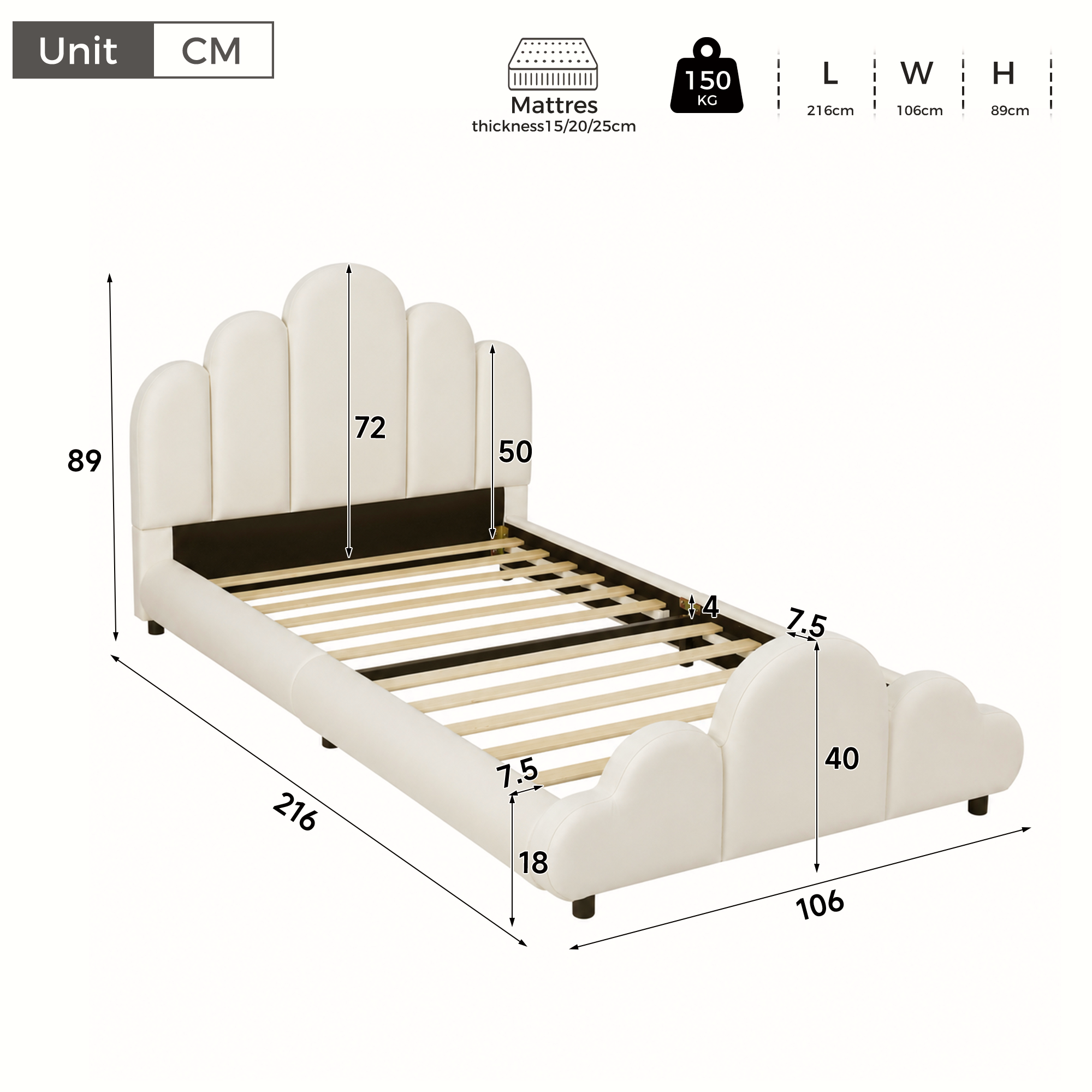 Dimensions et fonctions de Lit rembourré en velours 90 x 200 cm avec angles arrondis et sommier à lattes, Beige, sans matelas