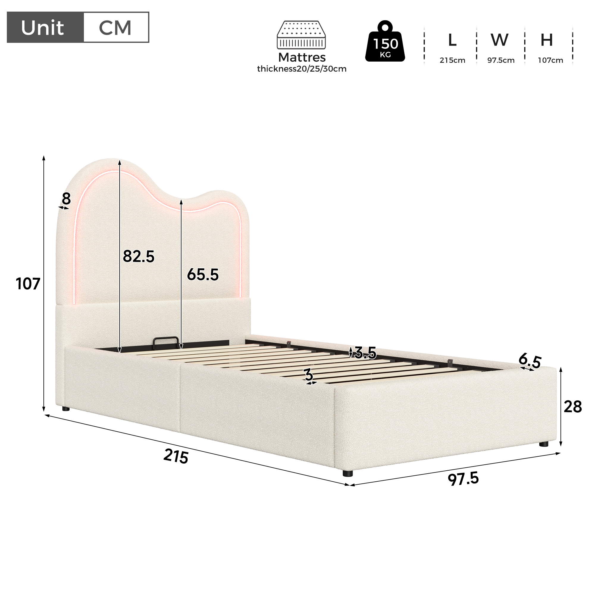 Dimensions du lit rembourré