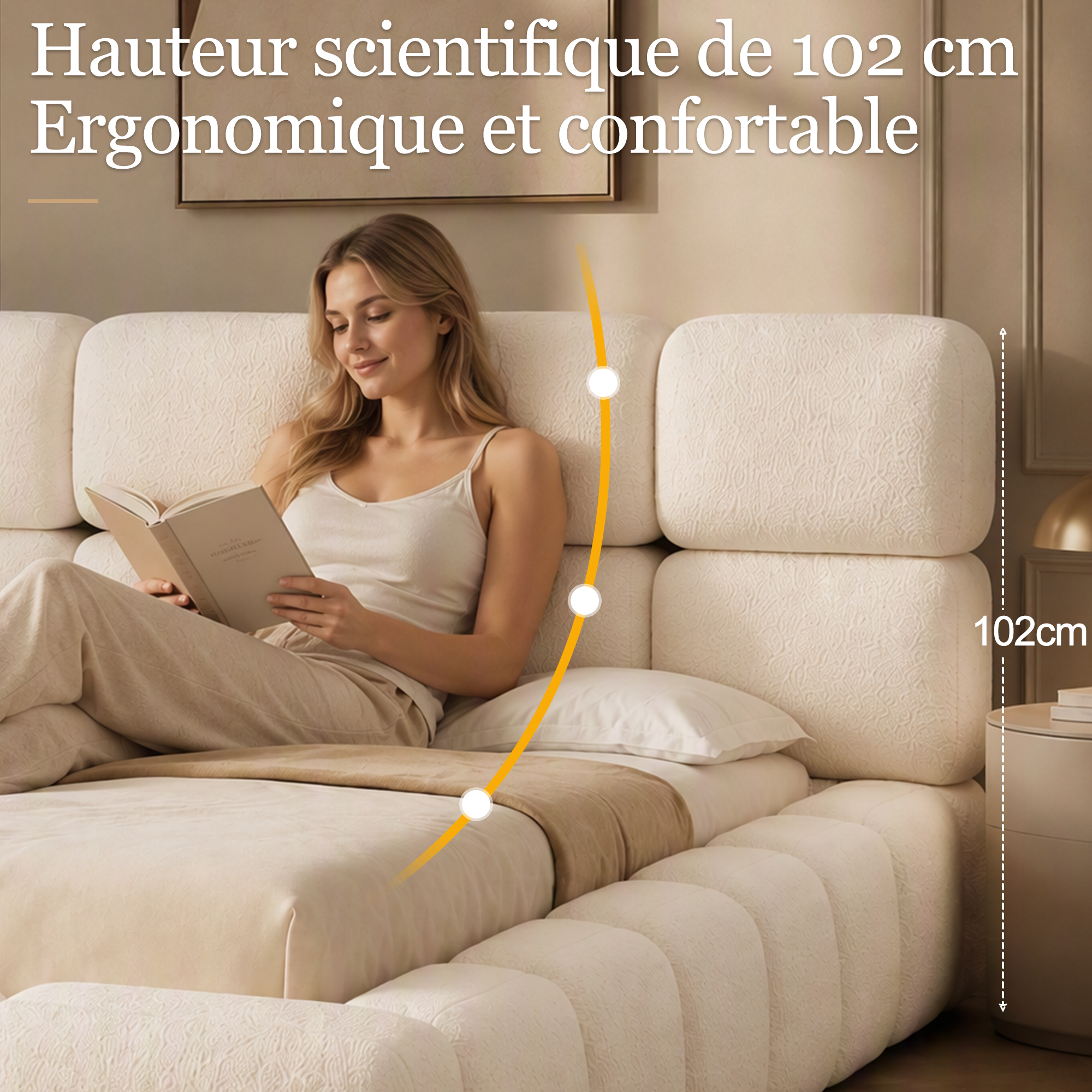 Lit coffre rembourré en bouclé 200 x 200 cm, rangement hydraulique, sommier à lattes, tête de lit épaisse, Blanc - dimensions et spécifications