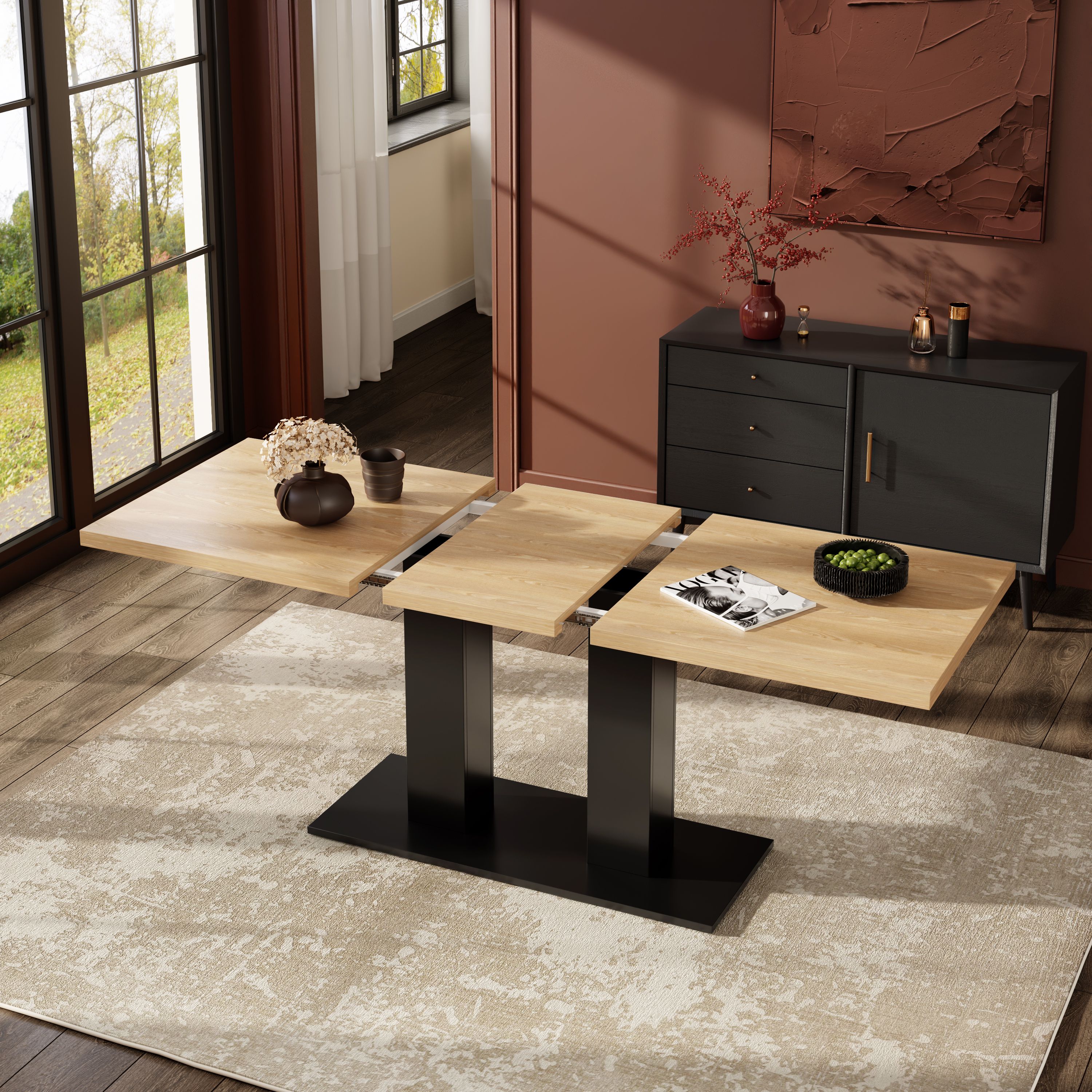 Table à manger extensible 140–180 cm avec plateau 30 mm et piètement double colonne - vue 3