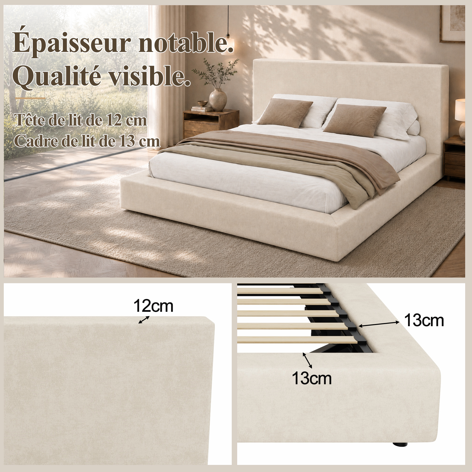 Lit rembourré 180cm x 200cm rangement hydraulique, en chenille, beige, sommier à lattes inclus, sans matelas