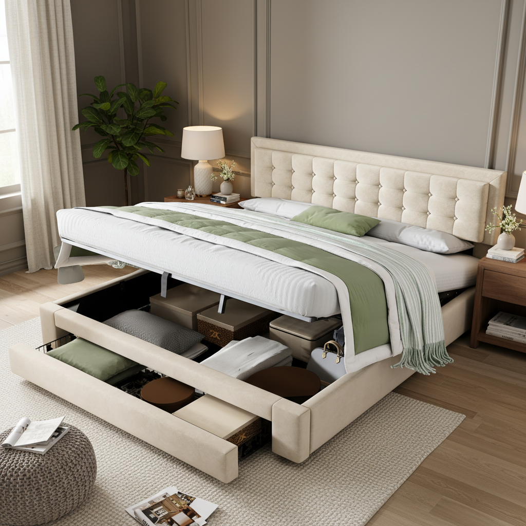 Bett mit Kasten und Schubladen, Samtstoff, Polster