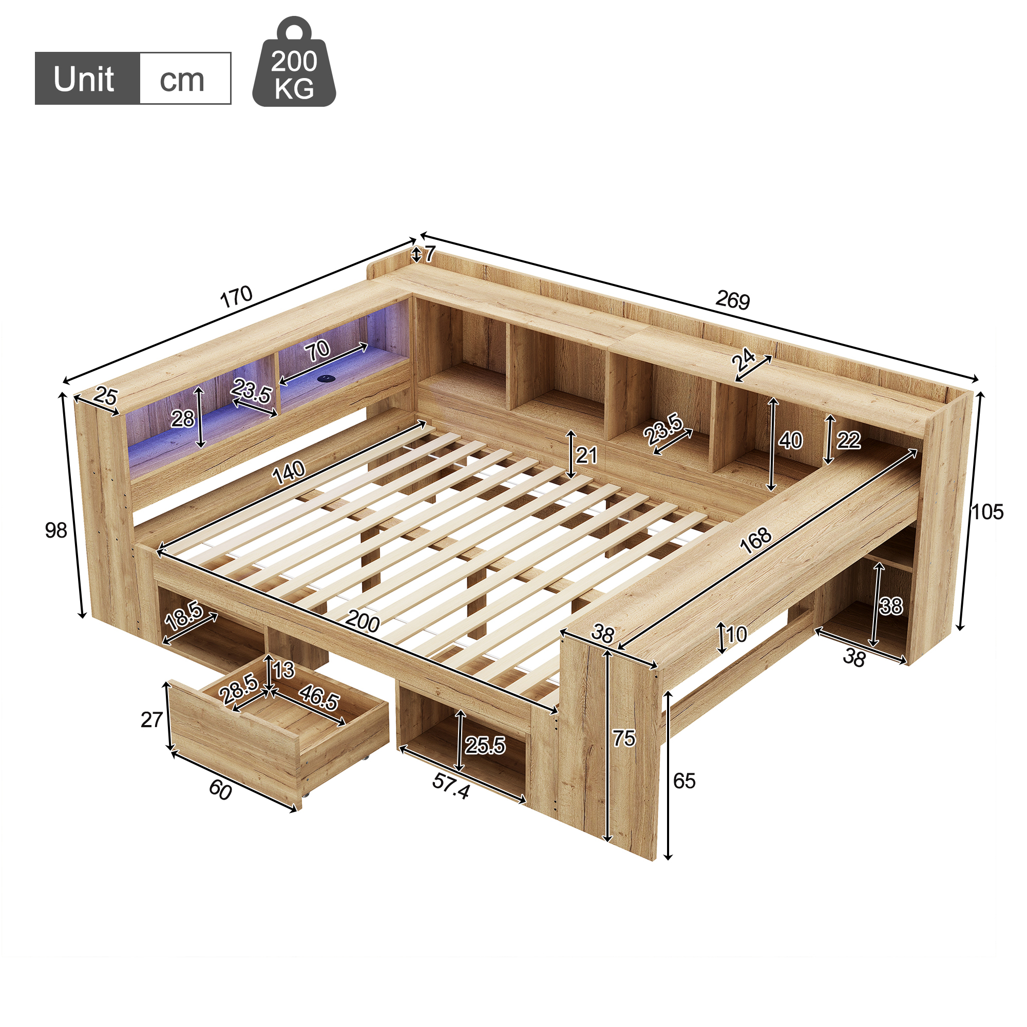 Dimensions lit ado 140x200 L naturel