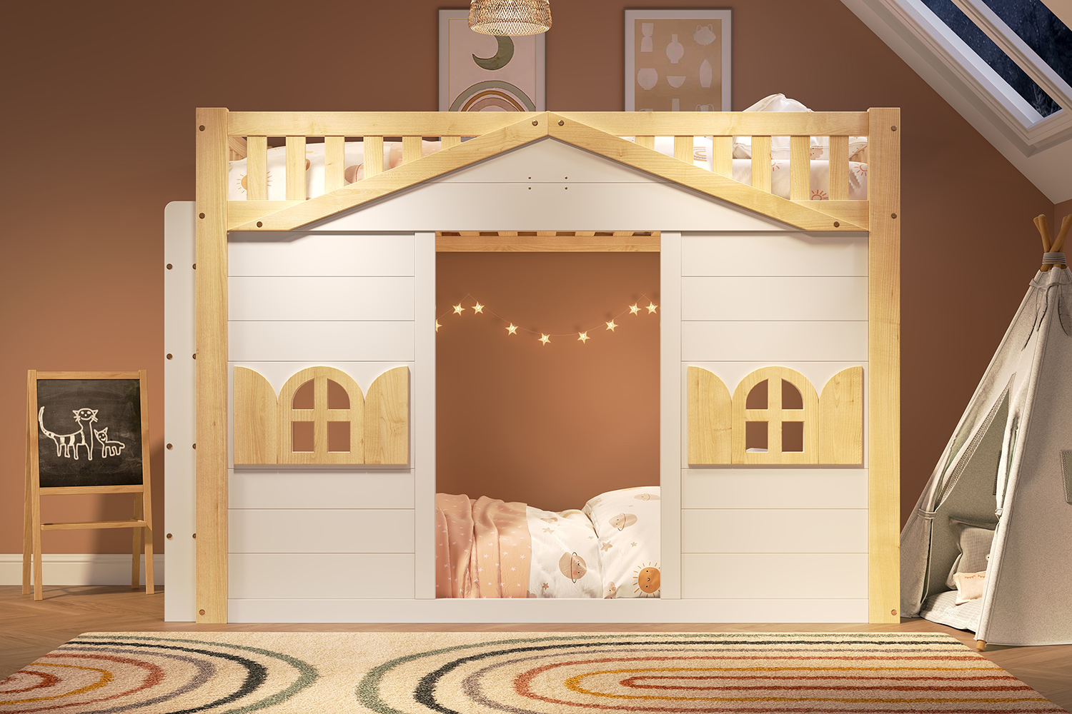 Lit superposé enfant 90x200 cm blanc et naturel en pin avec fenêtre décorative