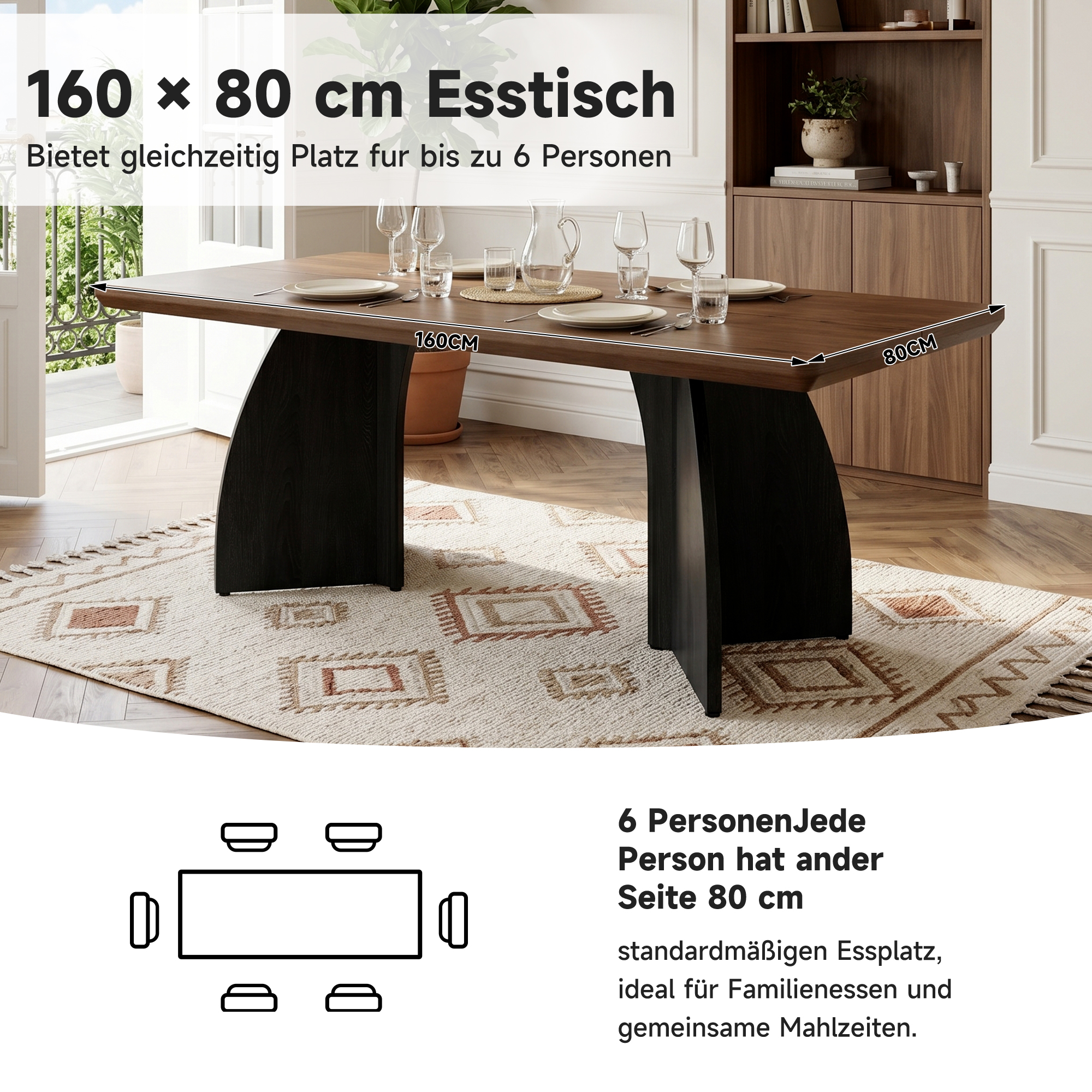 Table à manger 160 x 80 x 76 cm pour 4 à 6 personnes, MDF, Effet noyer - dimensions et détails