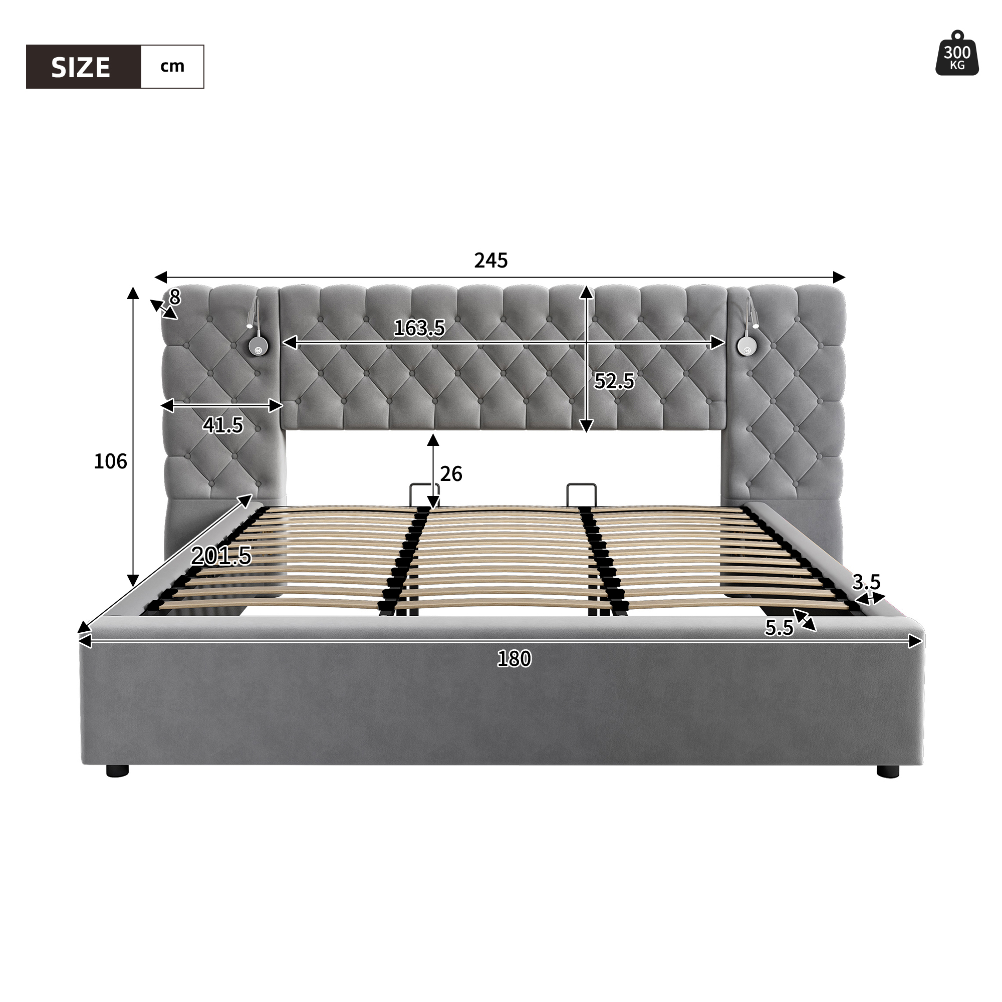 Dimensions et fonctions de Lit coffre rembourré en velours 180 x 200 cm avec rangement hydraulique, LED, lampe de lecture et sommier à lattes, Gris, sans matelas
