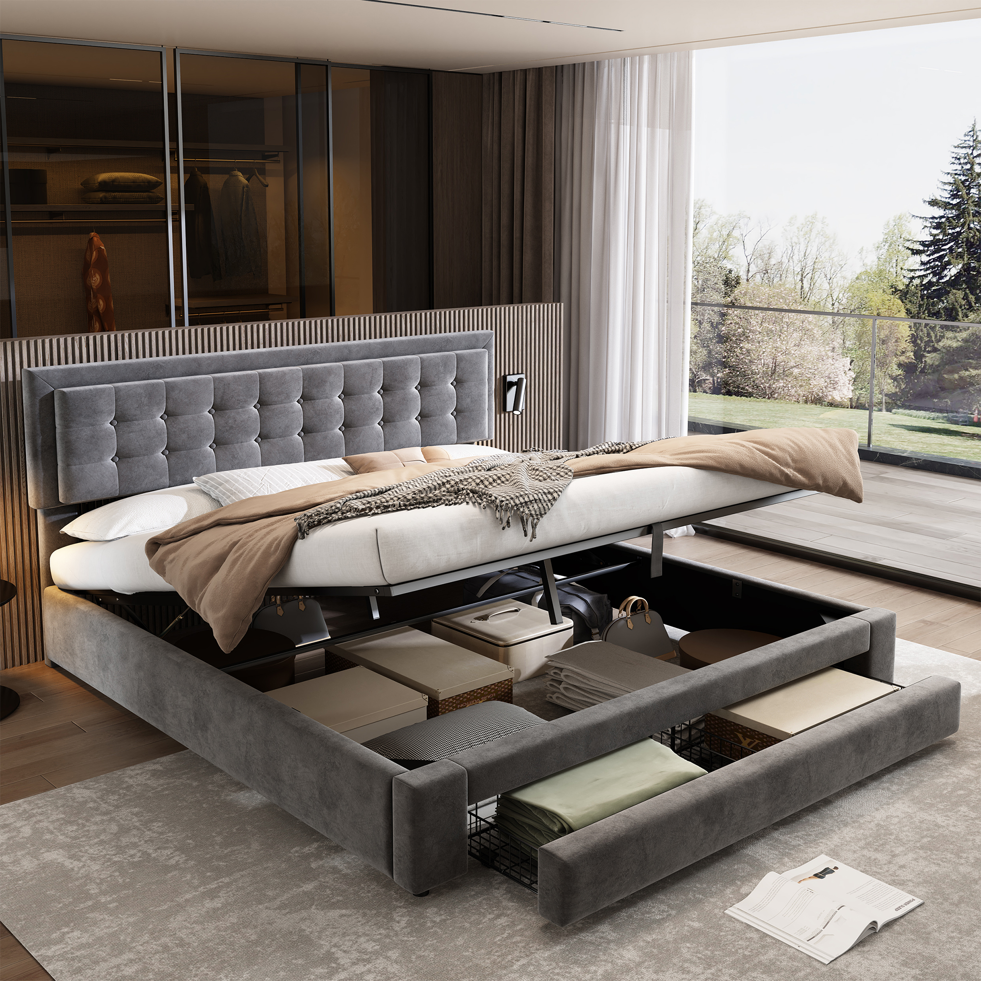 Bett mit Kasten und Schubladen, Samtstoff, Polster