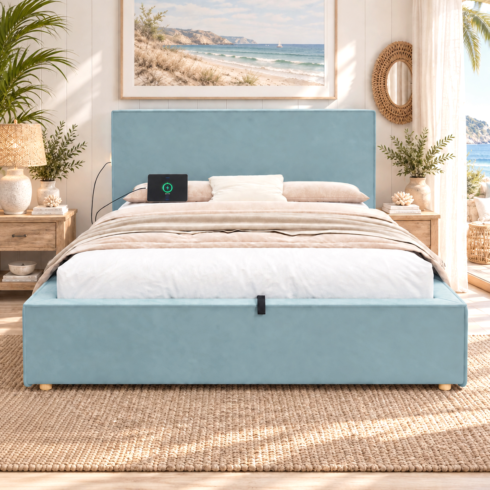 Lit enfant 140cm x 200cm rangement hydraulique, en velours, bleu, sommier à lattes inclus, pour chambre enfant, sans matelas