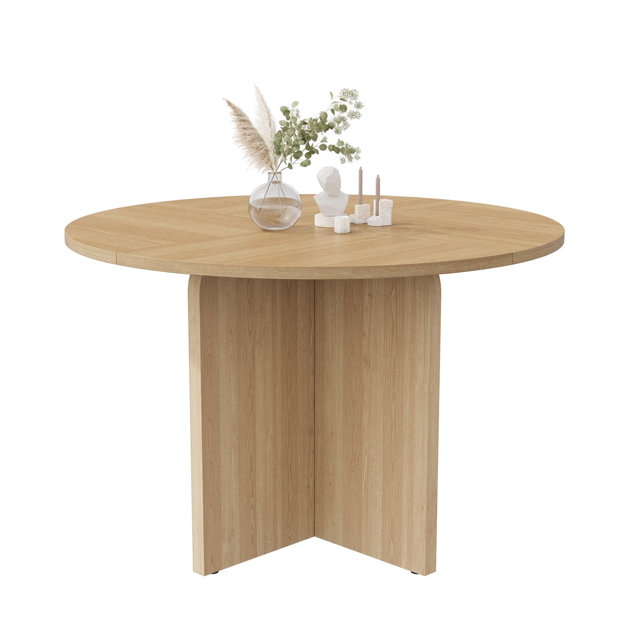 Table à manger ronde Ø120 x H75 cm pour 4 à 6 personnes, MDF, Effet chêne - détails