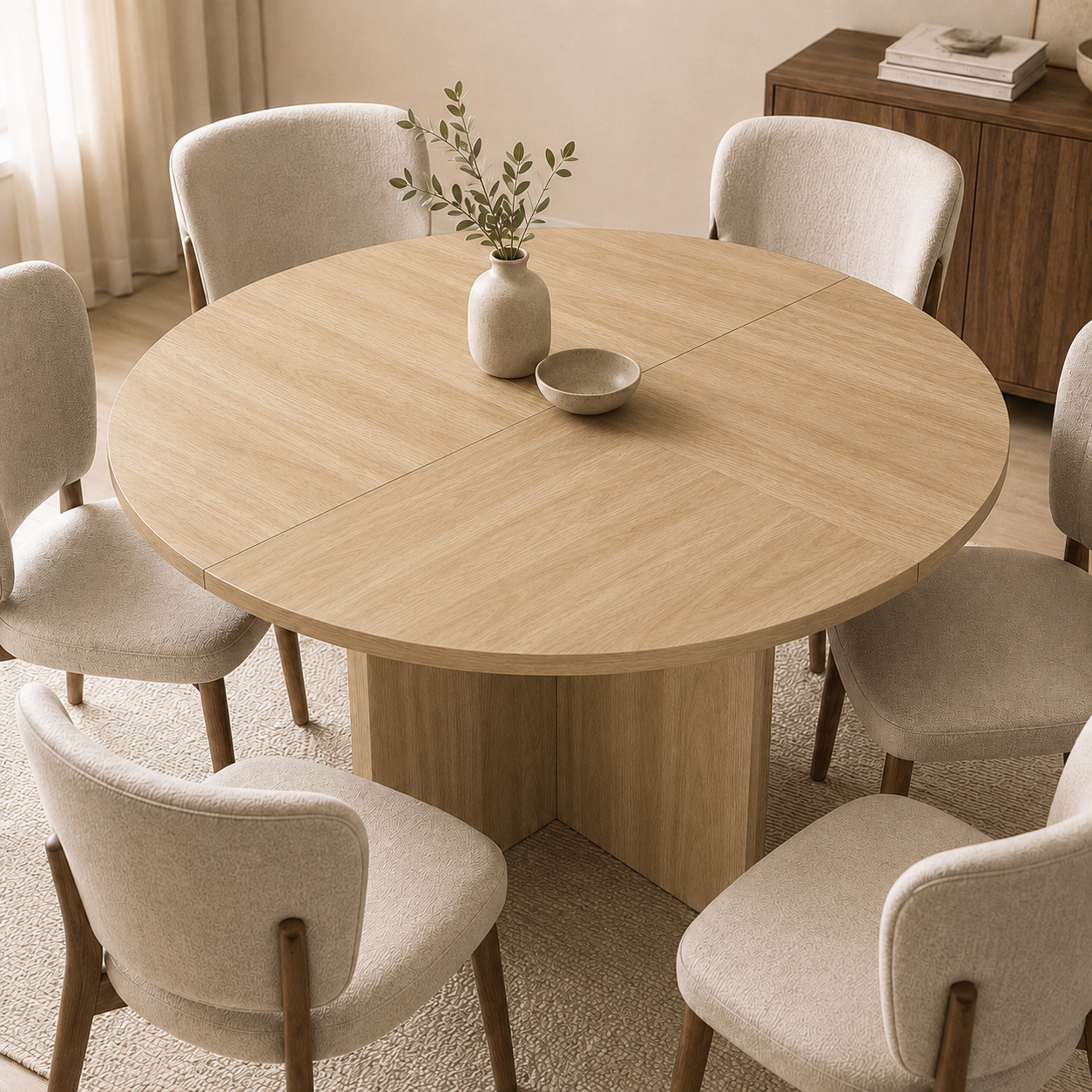 Table à manger ronde Ø120 x H75 cm pour 4 à 6 personnes, MDF, Effet chêne - vue principale