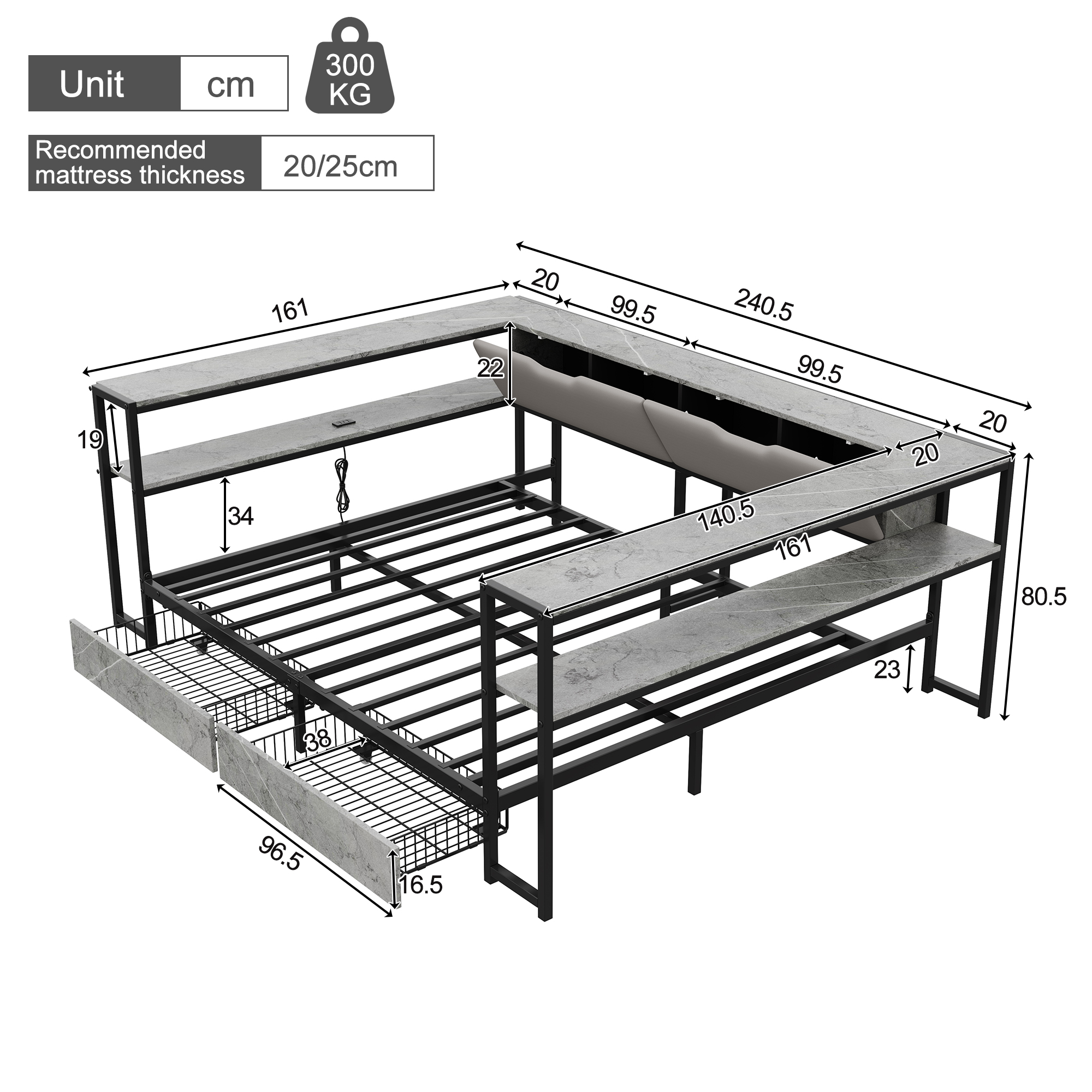 Dimensions lit jour 140x200 gris beton