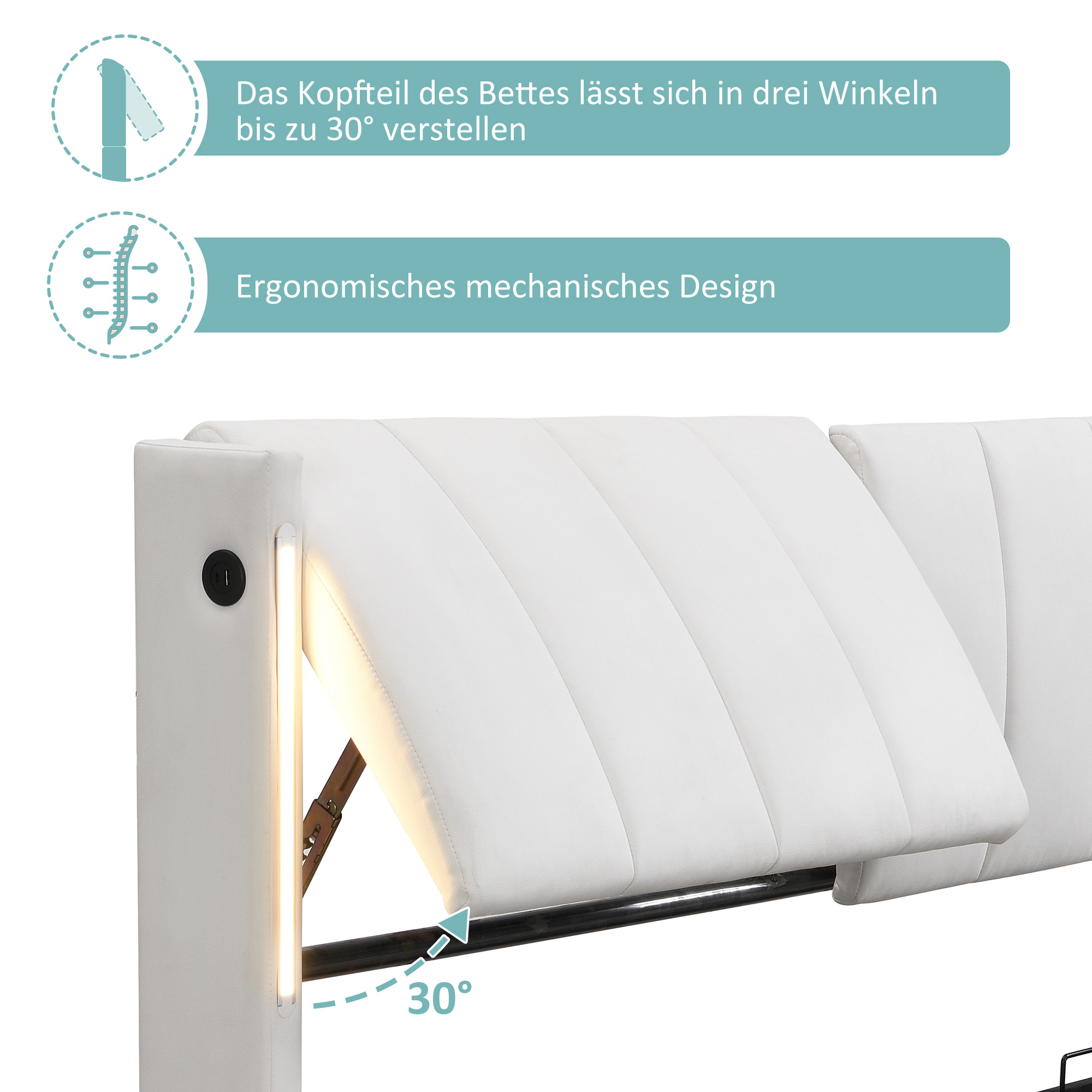 Lit rembourré, éclairage LED, ports USB, tête de lit, 160 x 200 cm, blanc - vue 7