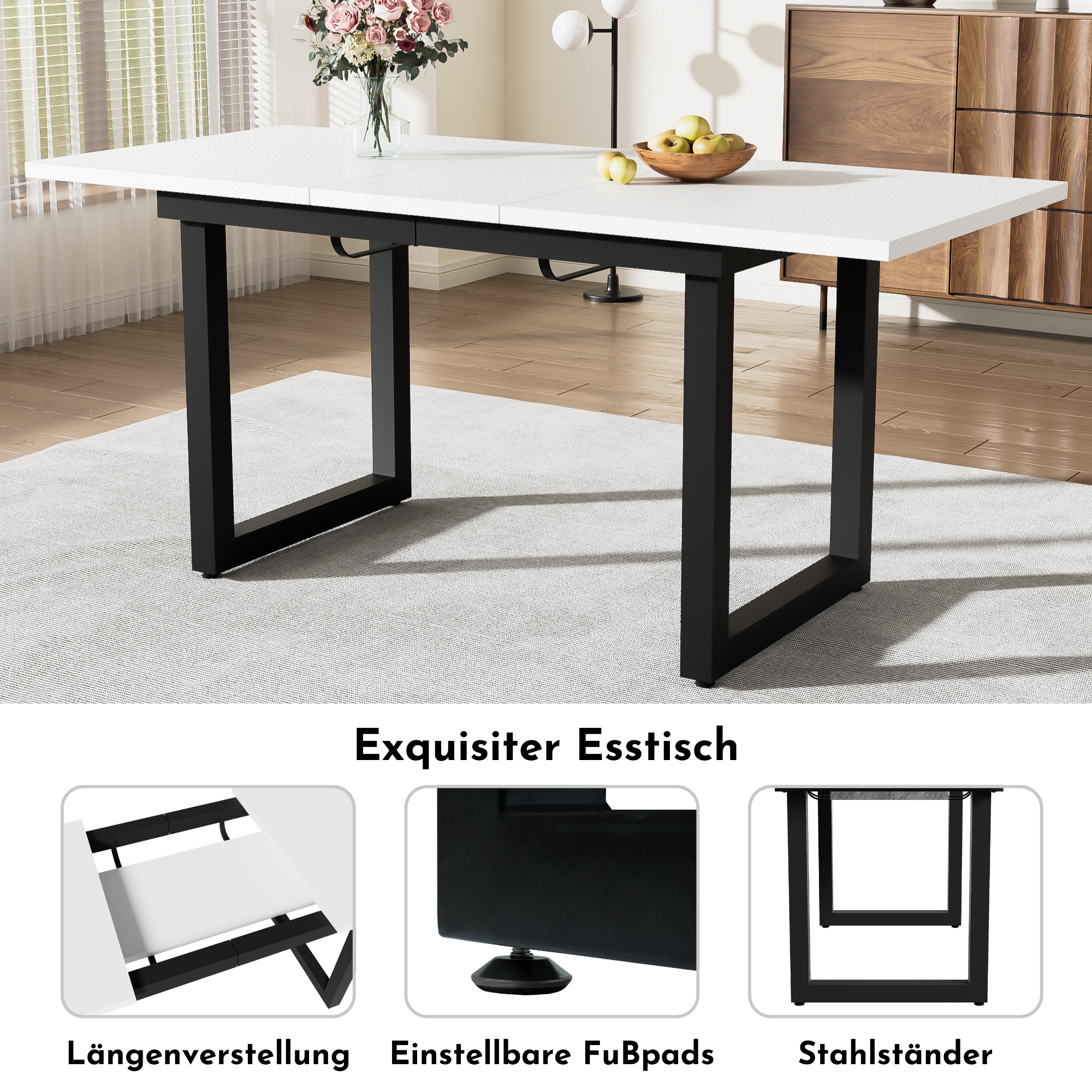 Table à manger extensible design industriel blanc et noir, pour salle à manger et cuisine, design unique, lignes claires, utilisation flexible, style moderne, stabilité, facile entretien, décoration, fonctionnalité - image 4