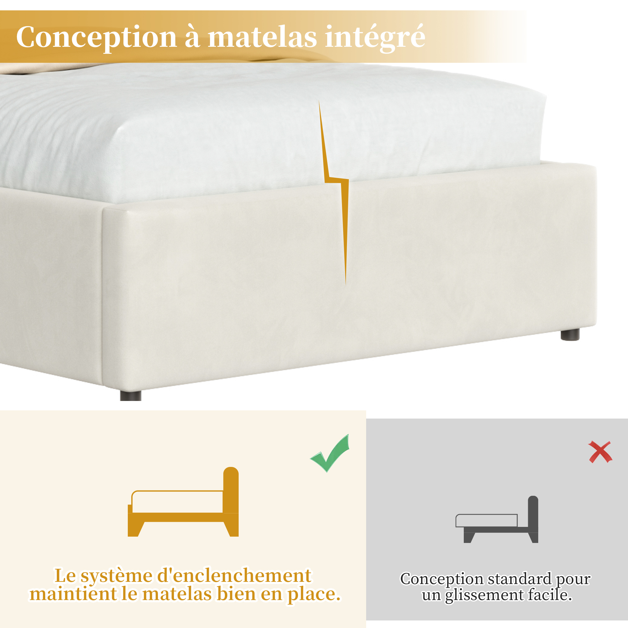 Lit enfant, assise rembourrée, tête de lit, 90 x 200 cm, velours, beige - vue 6