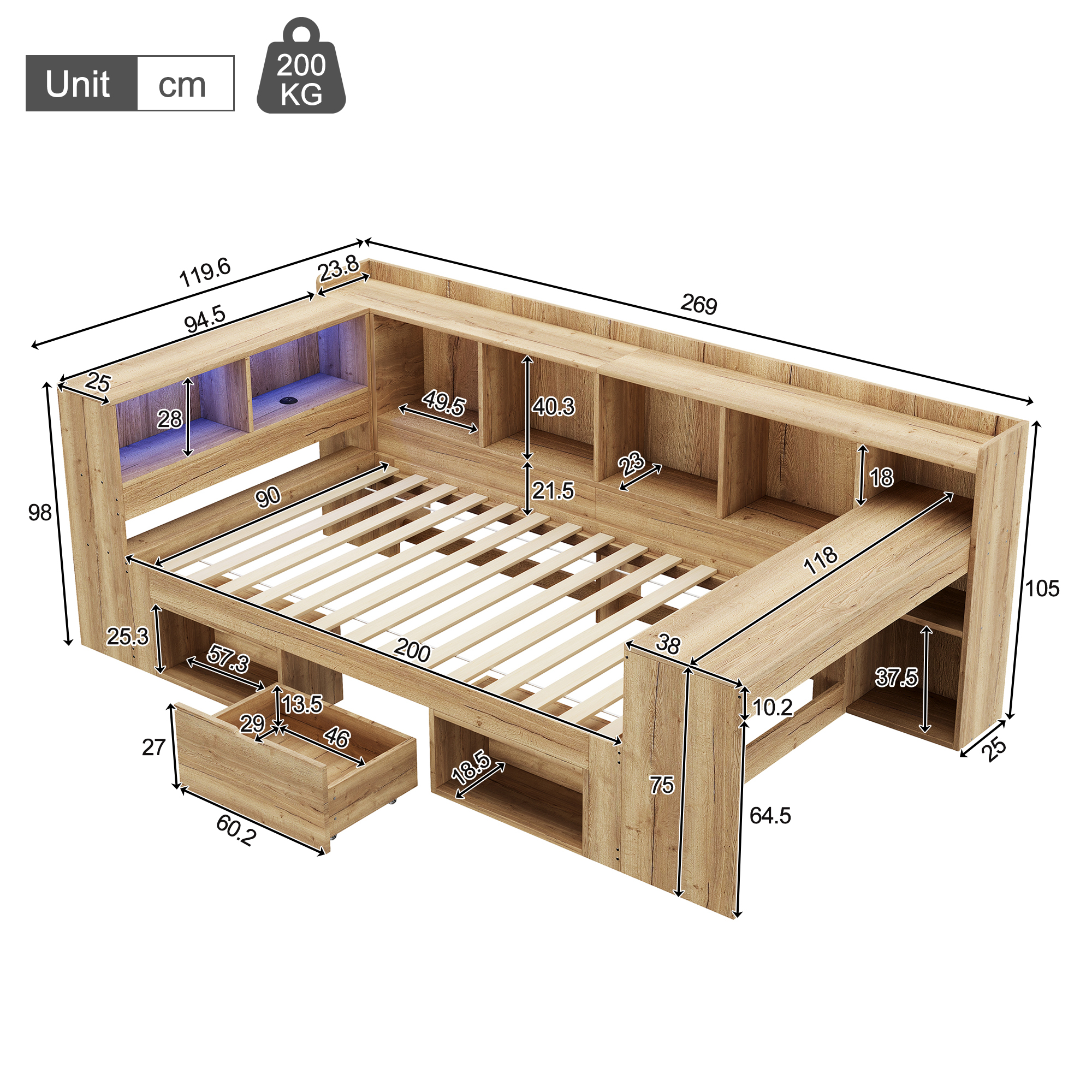 Dimensions lit enfant 90x200 L naturel
