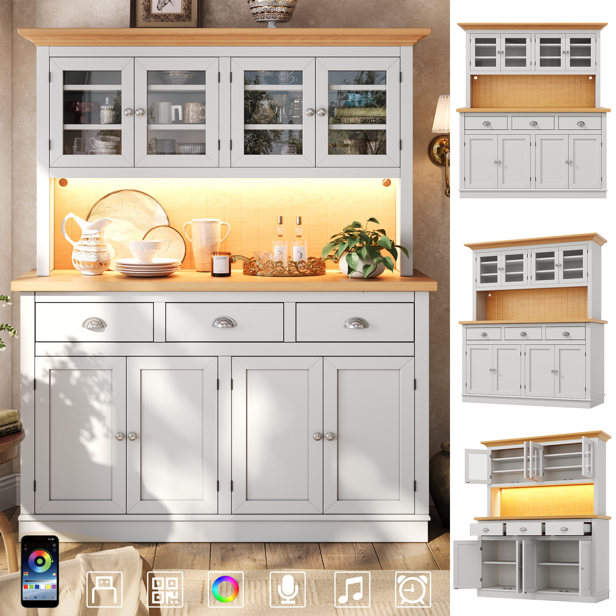 Buffet de cuisine 140 x 40 x 180 cm, LED, étagères réglables, MDF et verre, Light Gray - vue complémentaire