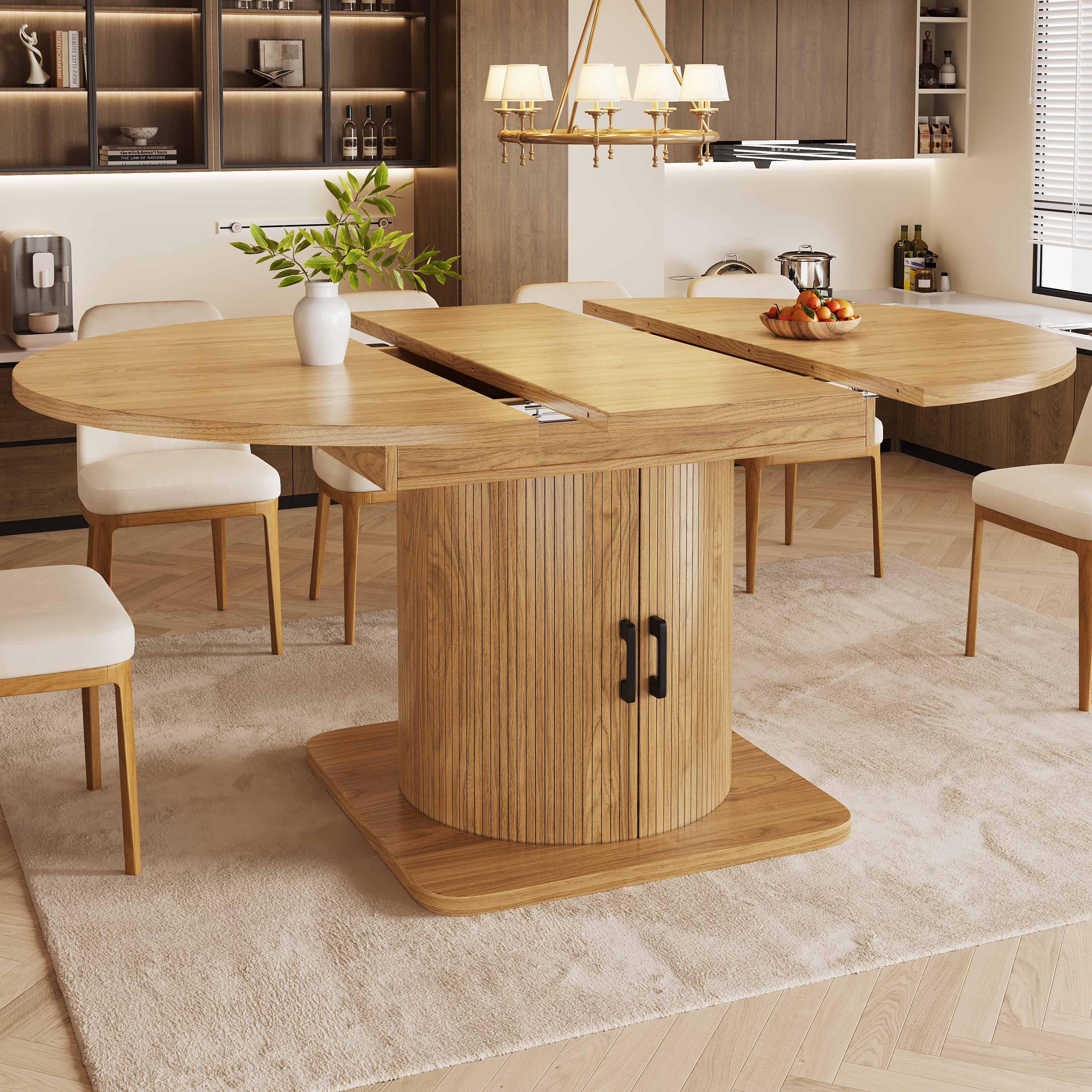 Table à manger extensible avec espace de rangement, table multifonctionnelle avec étagères amovibles, table de cuisine peu encombrante pour petites pièces et salles à manger, plateau en MDF, marron