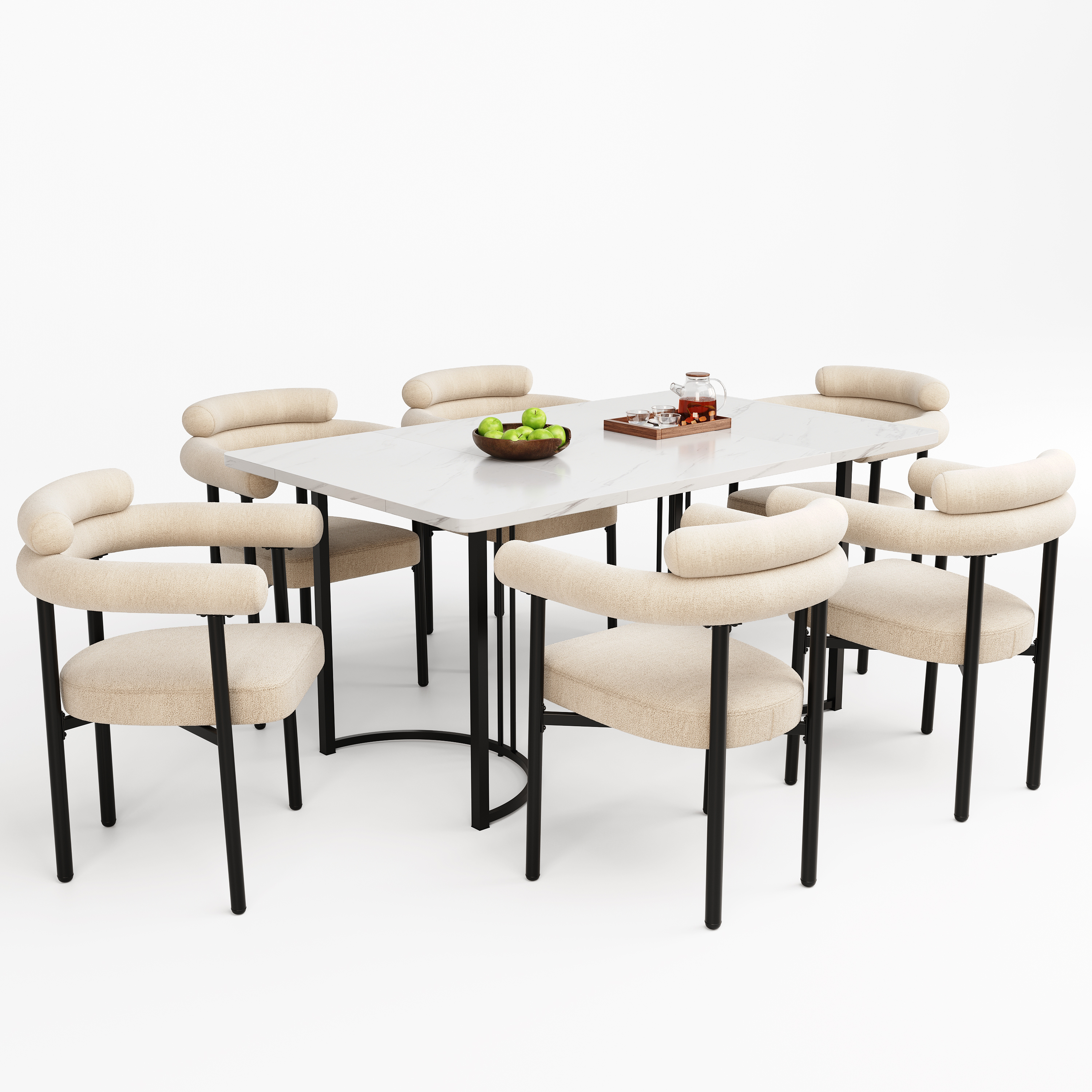 Ensemble table et chaises, 7 pièces, 1 table + 6 chaises, métal et tissu, blanc - vue 1