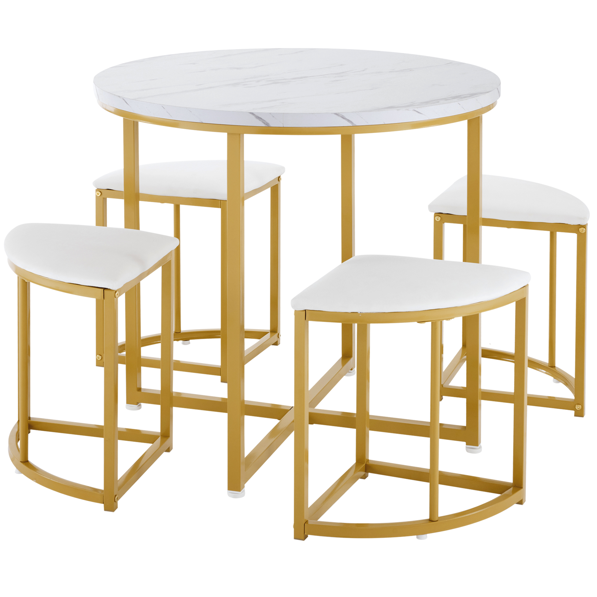 Ensemble table et chaises, 5 pièces, 1 table + 4 chaises, 80 x 80 x 75 cm, métal et velours, blanc - vue 5