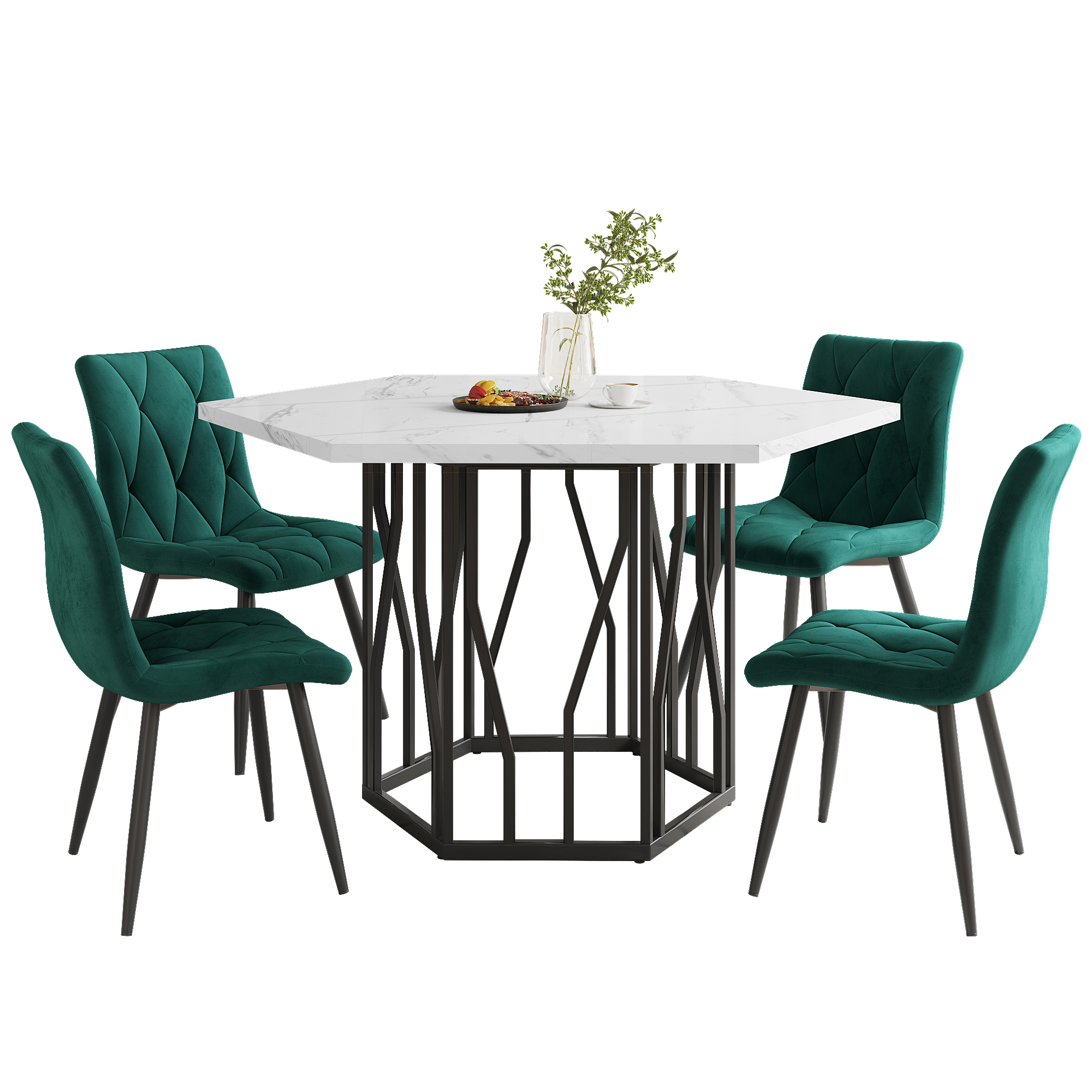 Ensemble table et chaises, 5 pièces, 1 table + 4 chaises, acier et velours, blanc - vue 3