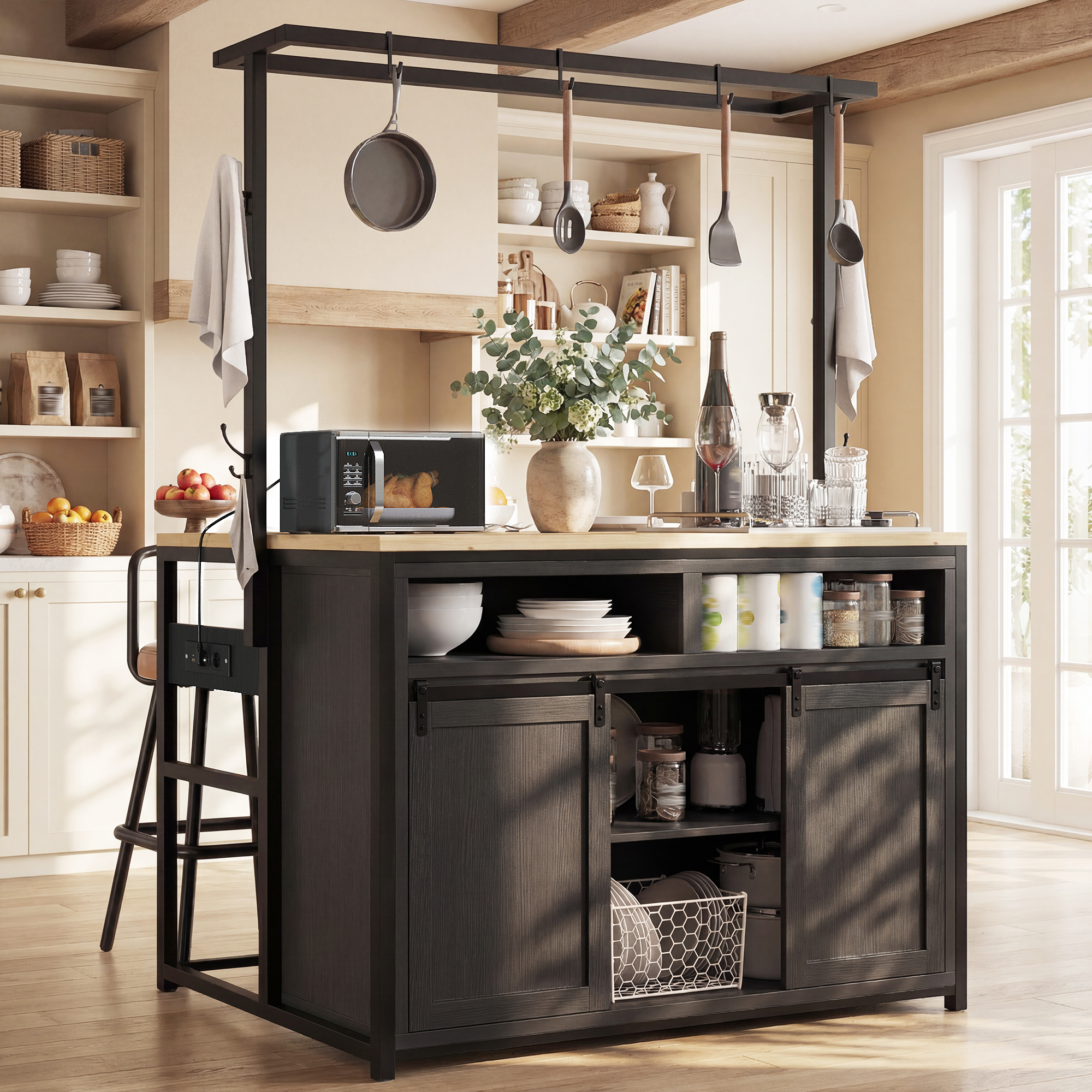 Meuble de cuisine avec plan de travail et branchement électrique, meuble îlot de cuisine de 183 cm de haut avec étagère suspendue, aspect bois/noir, pour cuisine et salle à manger, îlot de cuisine