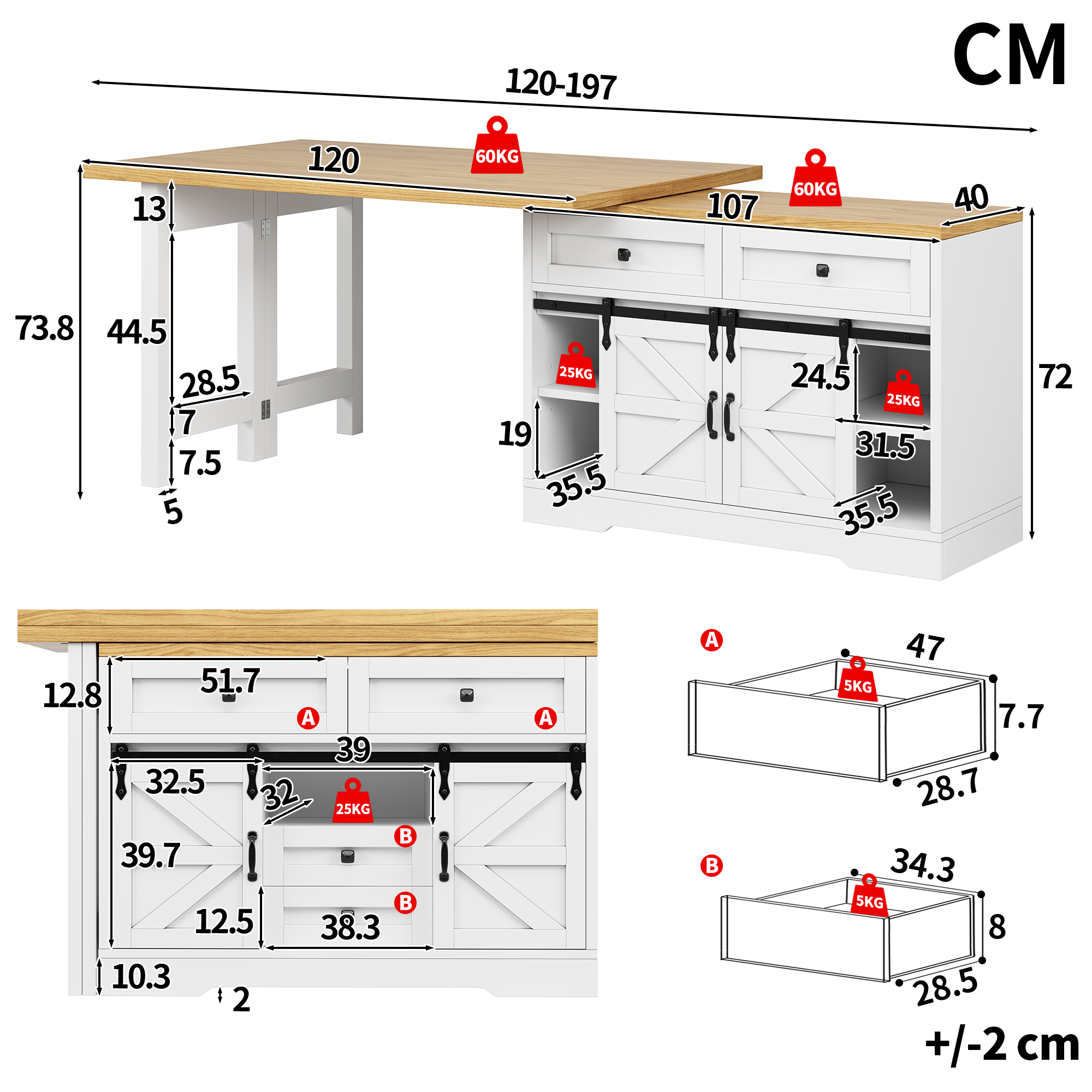 Îlot de cuisine multifonctionnel avec table à manger, armoire latérale avec tiroirs cachés, panneaux rotatifs à 360°, porte d'armoire de grange, table de salle à manger 2 en 1 pour îlot de cuisine