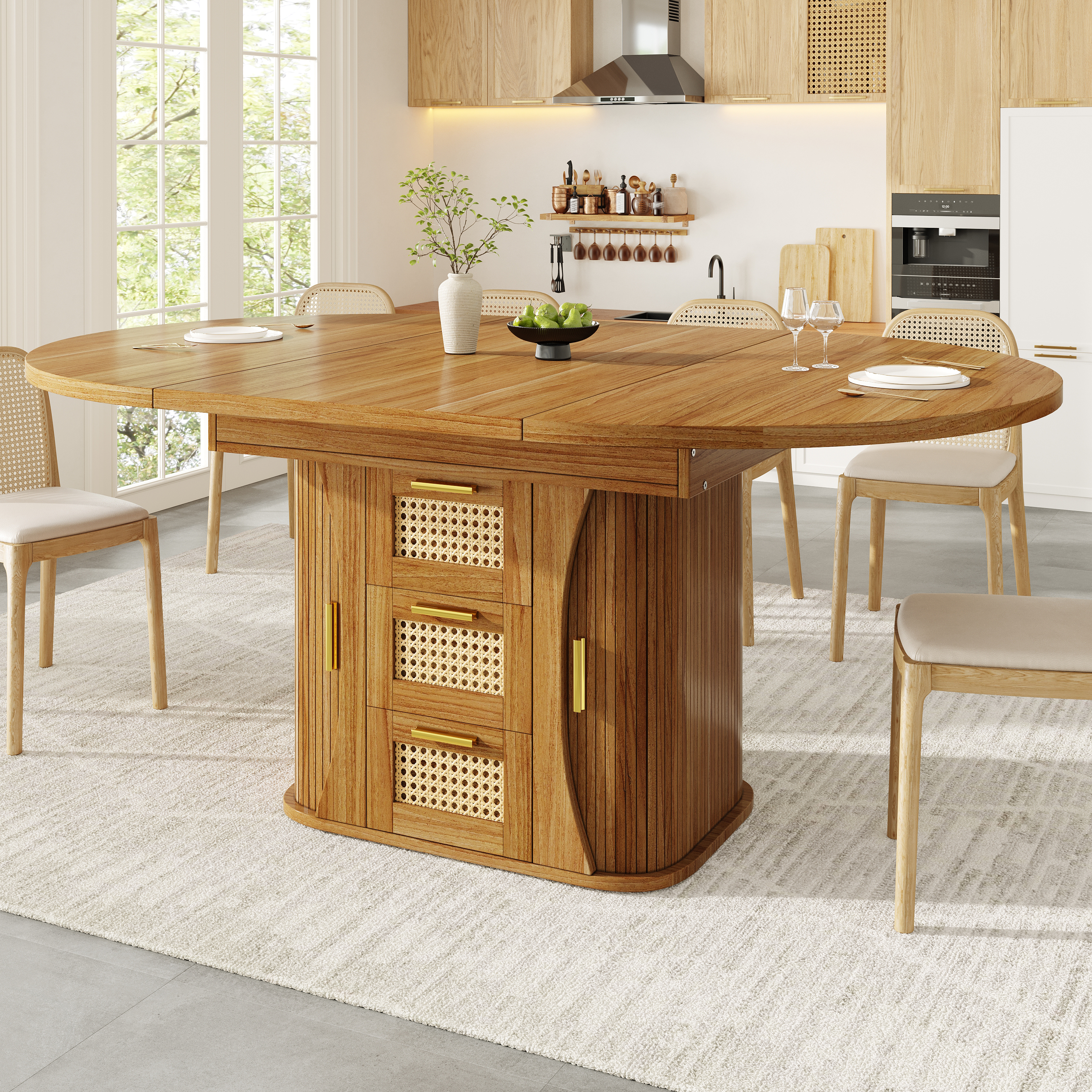 Table à manger extensible avec rangement, table 118-158 cm avec tiroirs en rotin, aspect bois MDF, noir/bois naturel/marron, table à manger extensible, table de salle à manger, mobilier de cuisine
