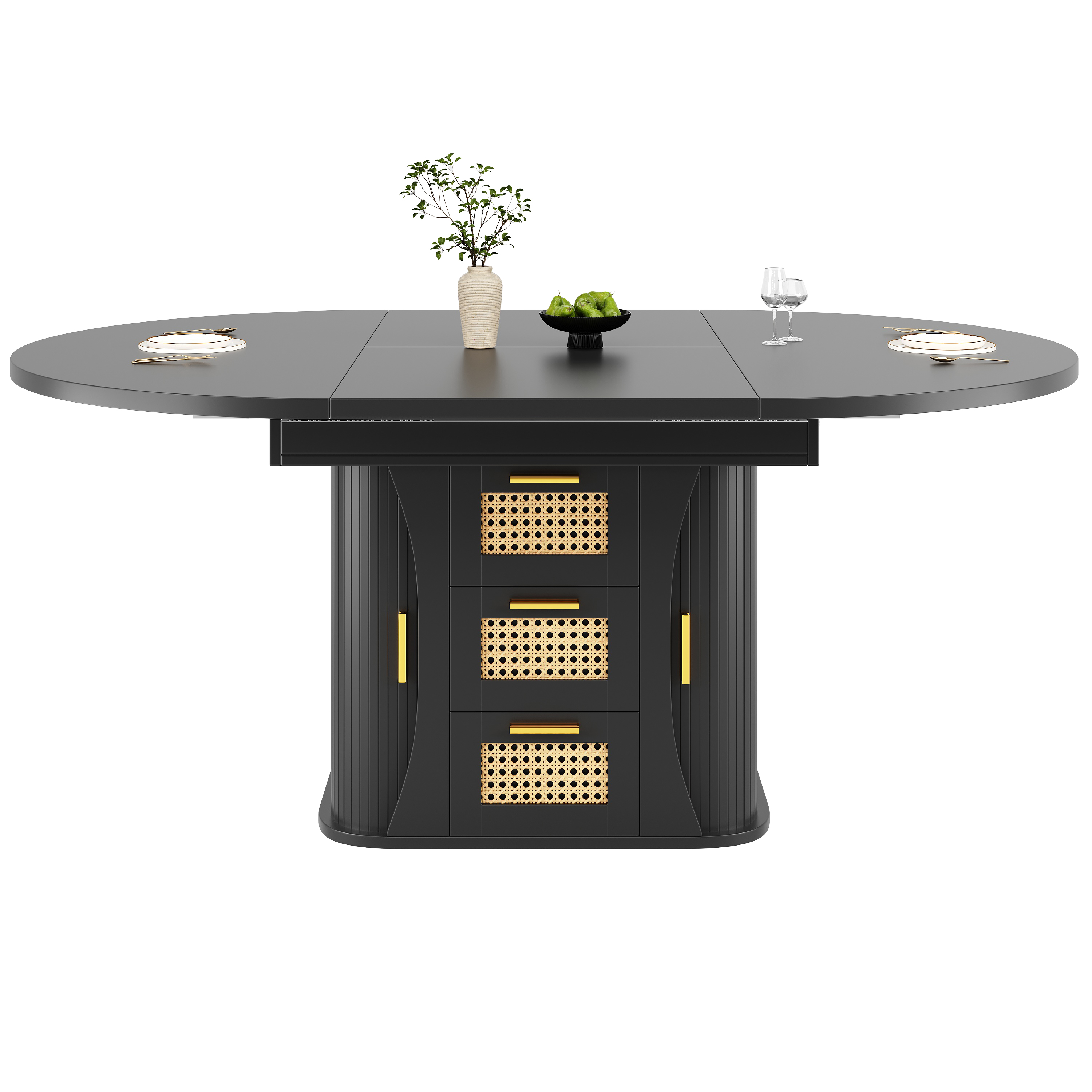 Détail table à manger extensible noir rotin
