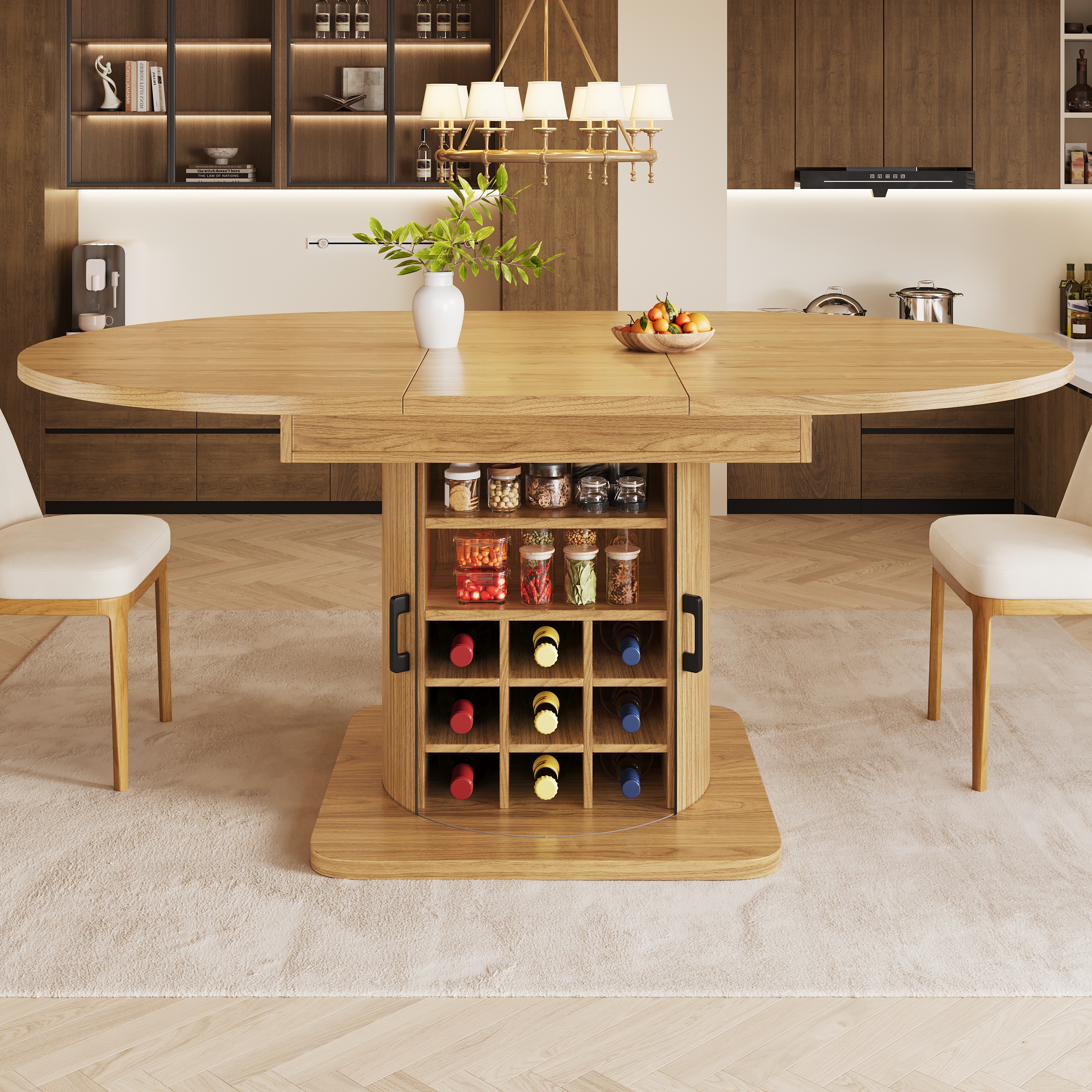 Table à manger extensible avec espace de rangement, table multifonctionnelle avec étagères amovibles, table de cuisine peu encombrante pour petites pièces et salles à manger, plateau en MDF, marron