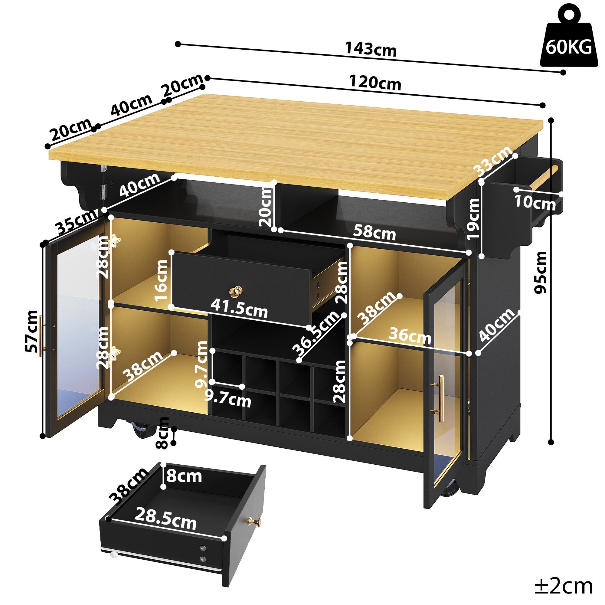 Dimensions du îlot ou desserte de cuisine