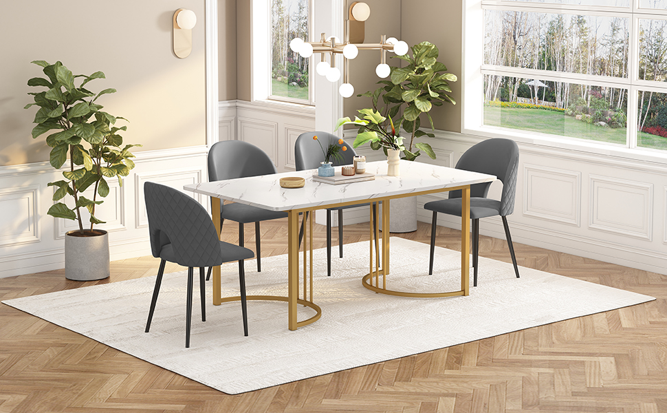 Ensemble table et chaises, 5 pièces, 1 table + 4 chaises, velours et MDF, blanc - vue 2