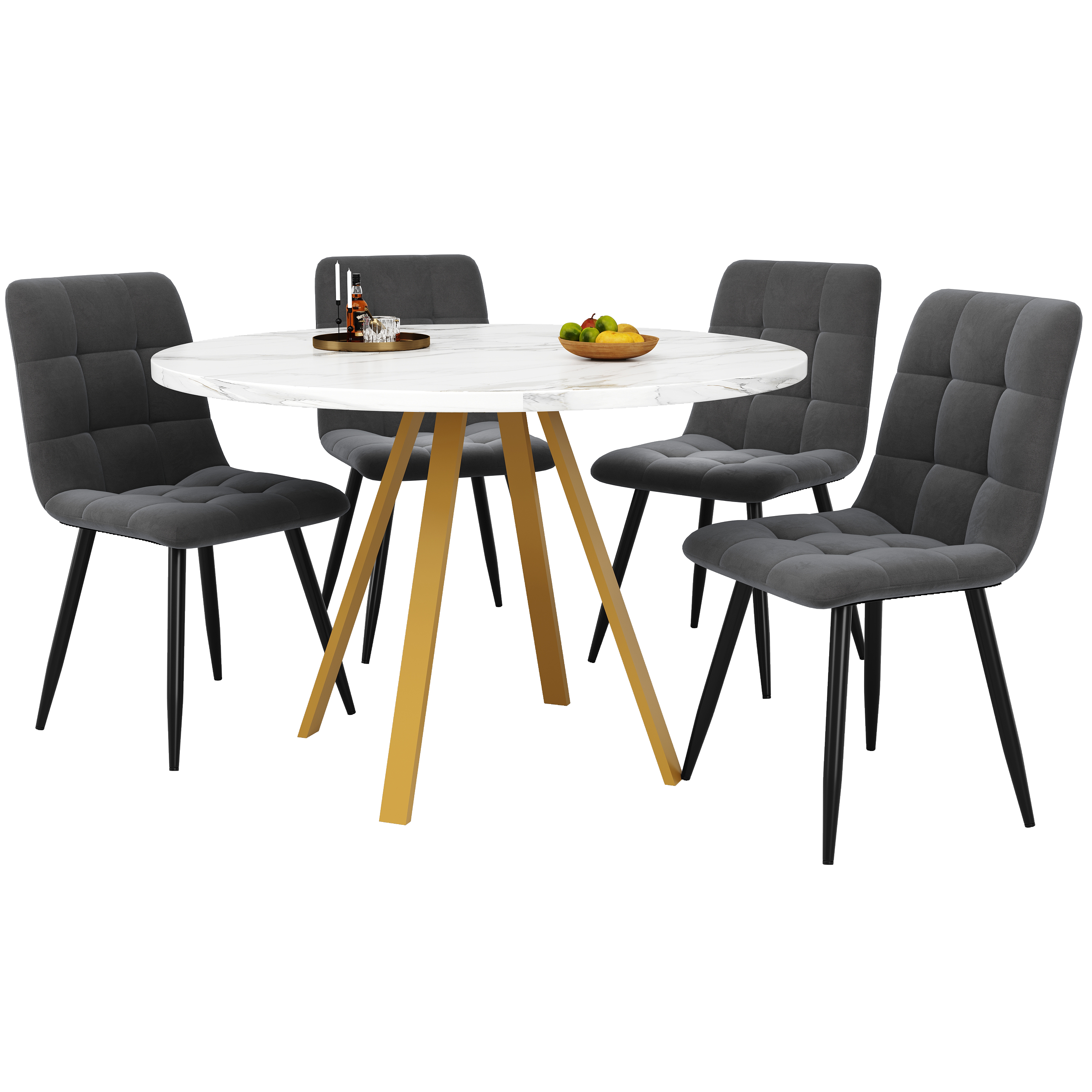 Ensemble table et chaises, 5 pièces, 1 table + 4 chaises, 80 x 80 x 75 cm, velours et métal, blanc - vue 1