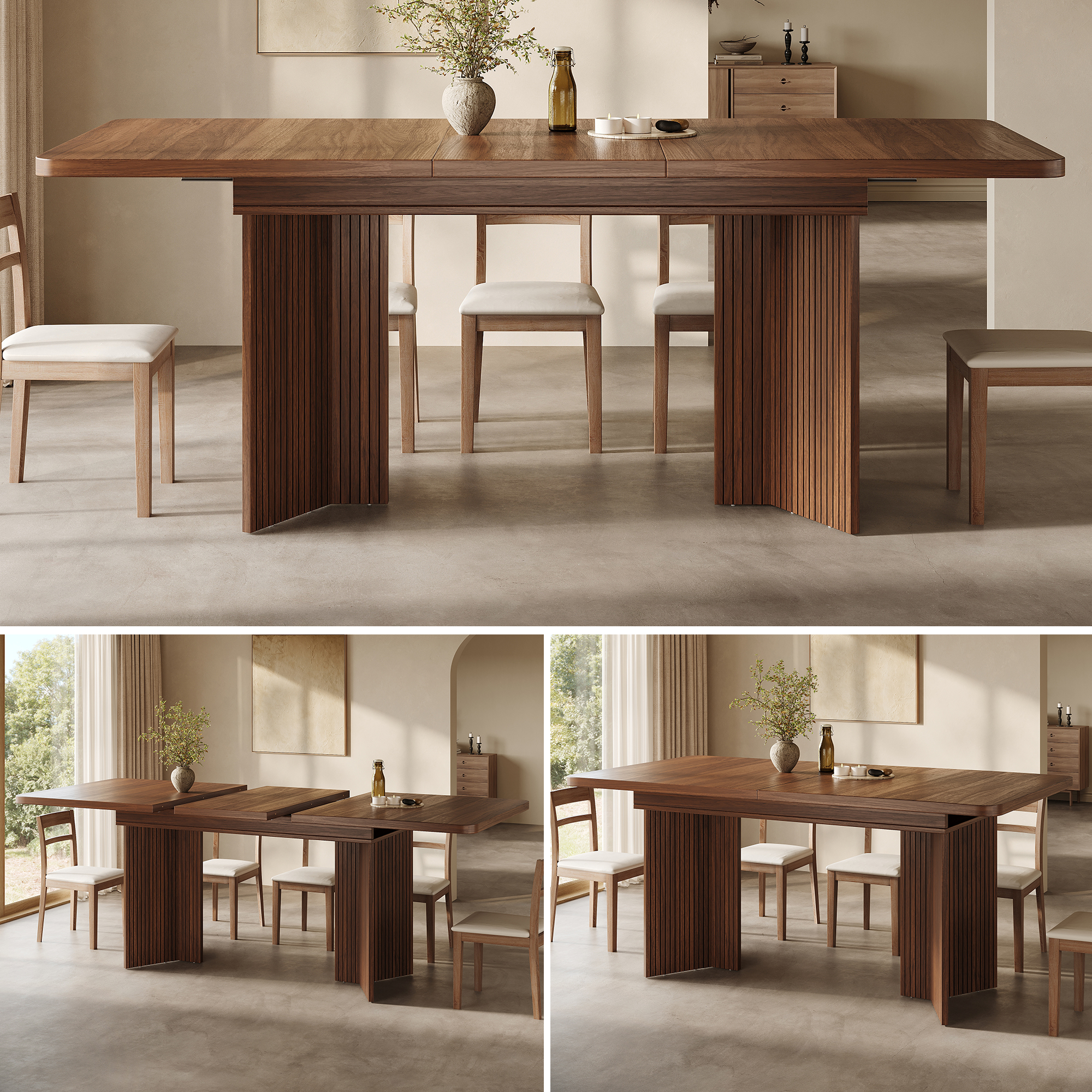 Table à manger extensible 120–160 cm x 80 x 76,1 cm, pieds en V rainurés, MDF, Marron - vue principale
