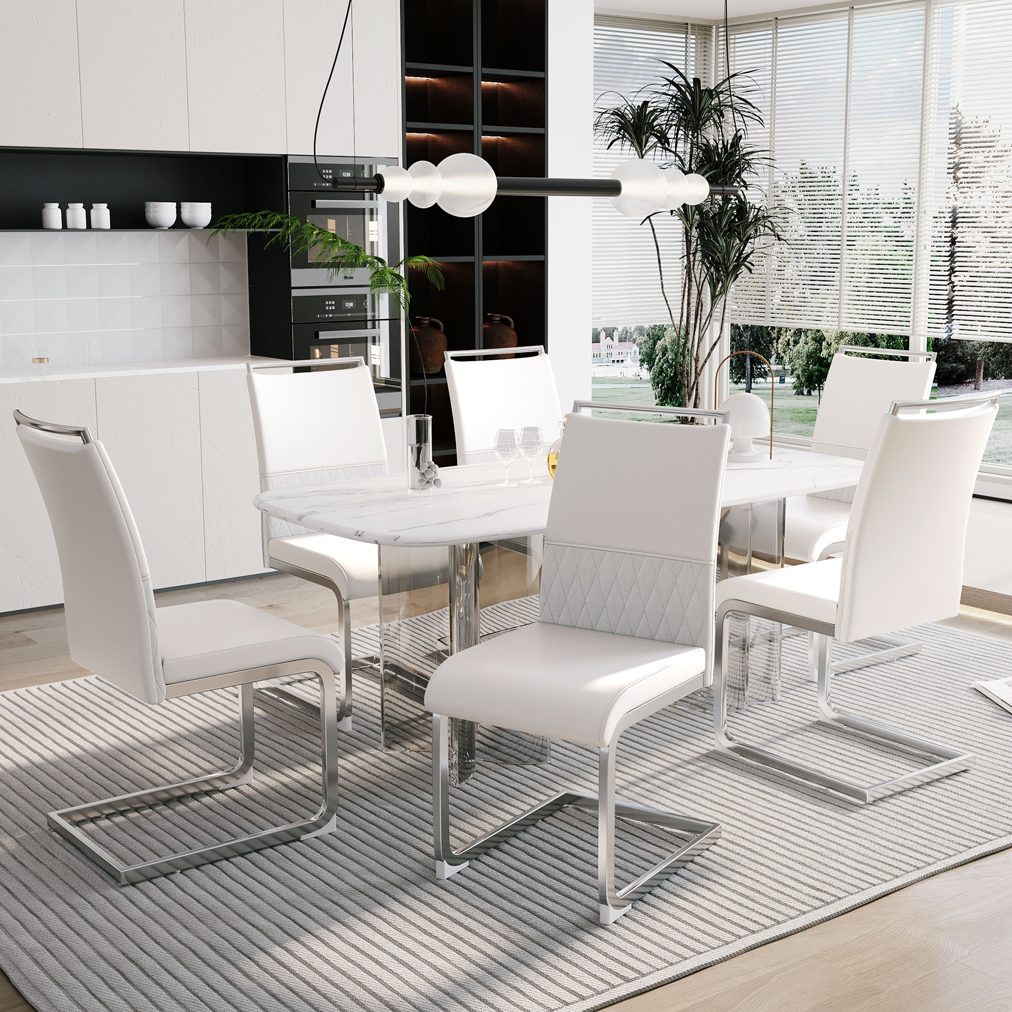 Chaise de salle à manger, lot de 6, assise rembourrée, 42 x 48 x 95 cm, similicuir et tissu effet lin, blanc - vue 1