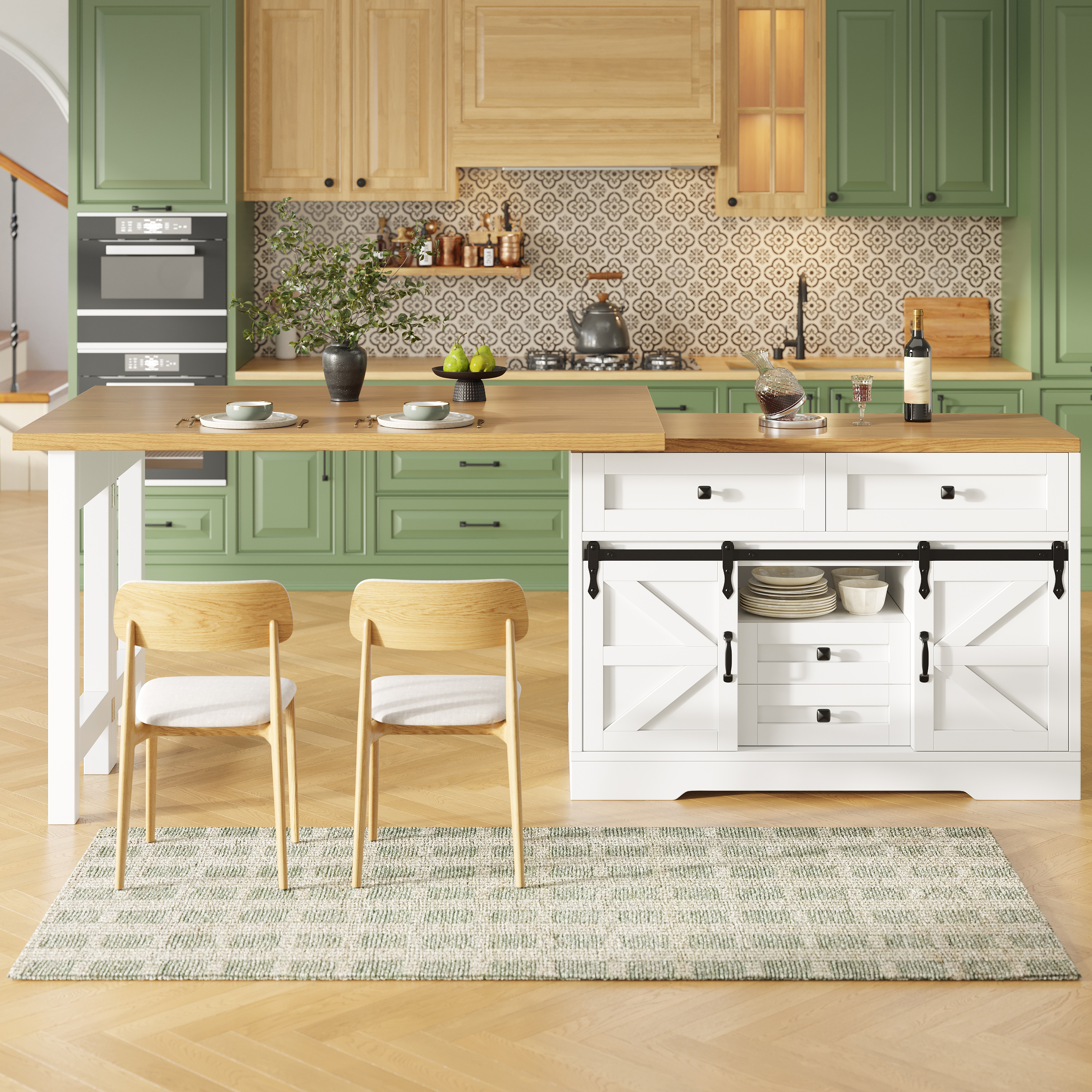 Îlot de cuisine multifonctionnel avec table à manger, armoire latérale avec tiroirs cachés, panneaux rotatifs à 360°, porte d'armoire de grange, table de salle à manger 2 en 1 pour îlot de cuisine