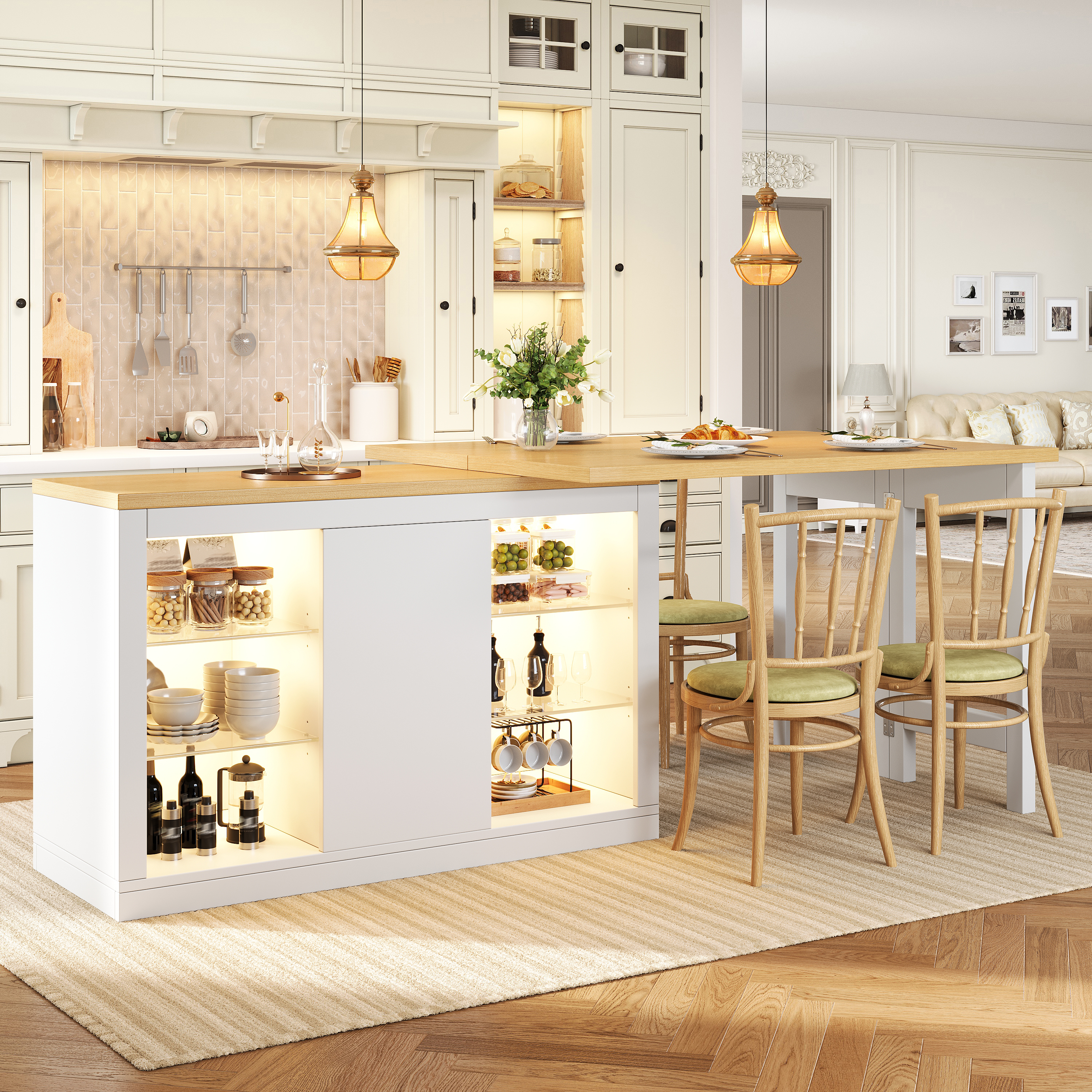 Table à manger extensible avec îlot de cuisine avec LED RVB contrôlable par application, 120-197 cm, rotative à 360°, avec portes magnétiques et étagères en verre, blanc/noir, capacité de charge