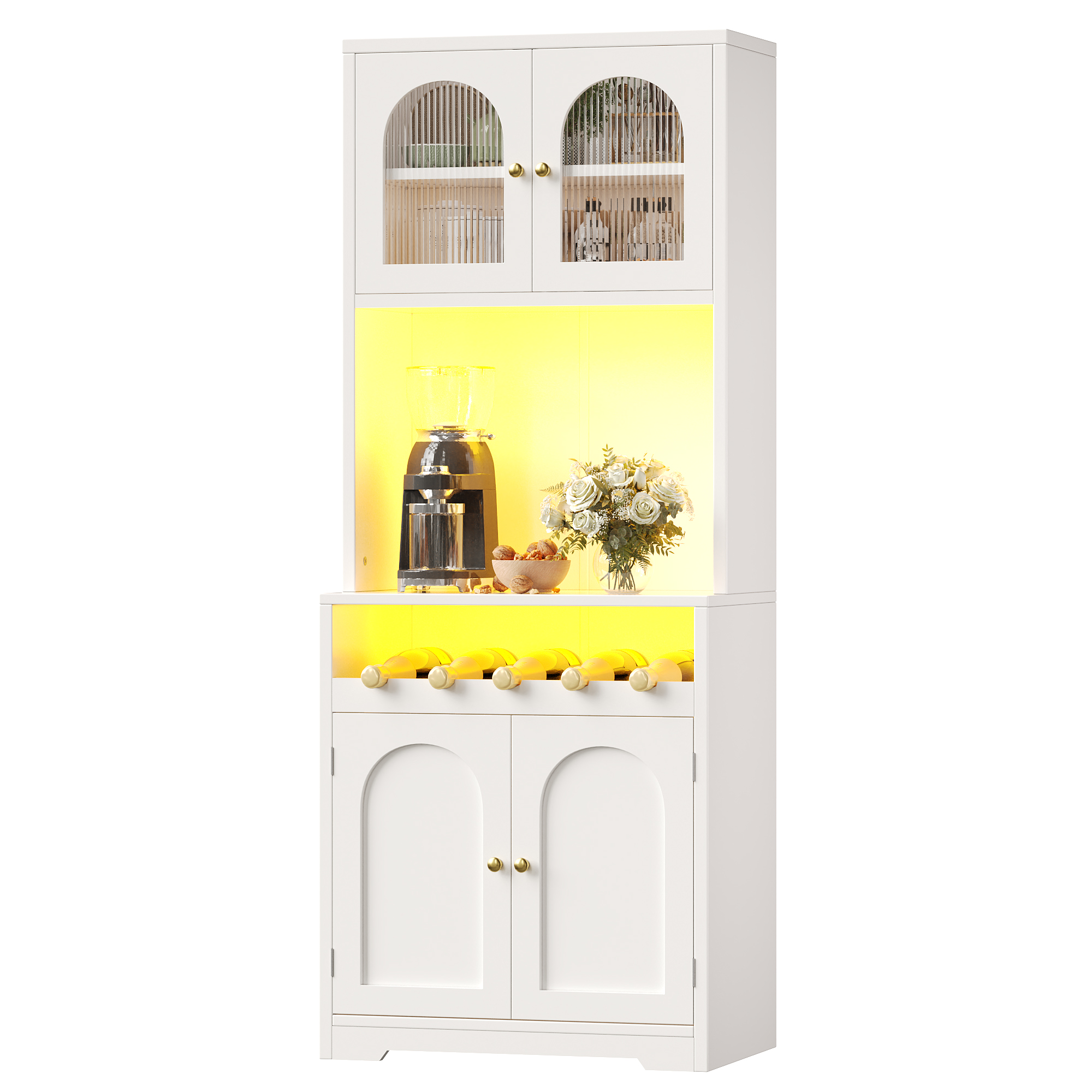 Buffet haut 180 cm blanc avec App-RGB-LED, portes en verre courbées, casier à vin et dispositif anti-basculement, étagères réglables, buffet de cuisine, meuble de rangement, cuisine et salle à manger