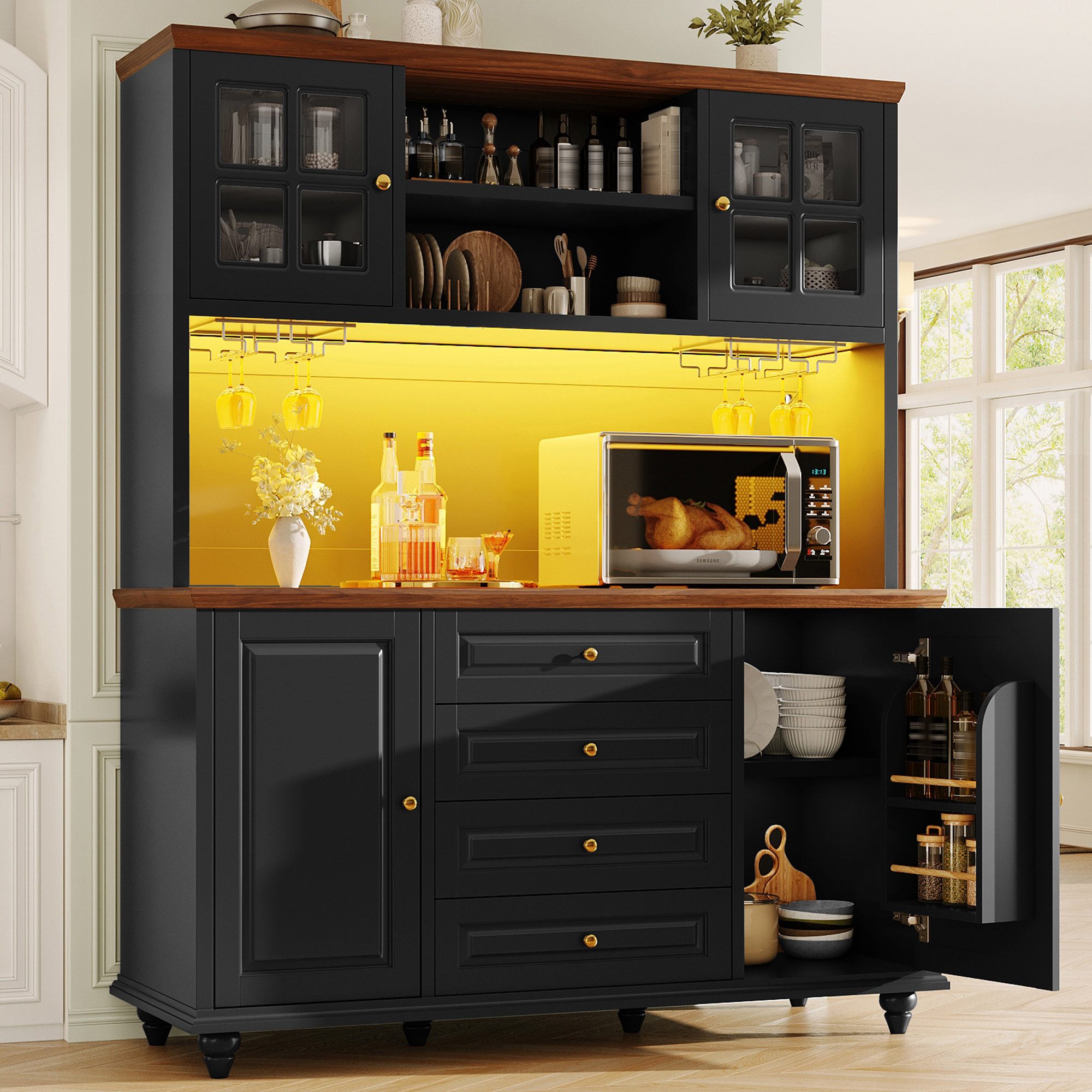 Highboard Küchenschrank mit RGB-LED-Beleuchtung, v
