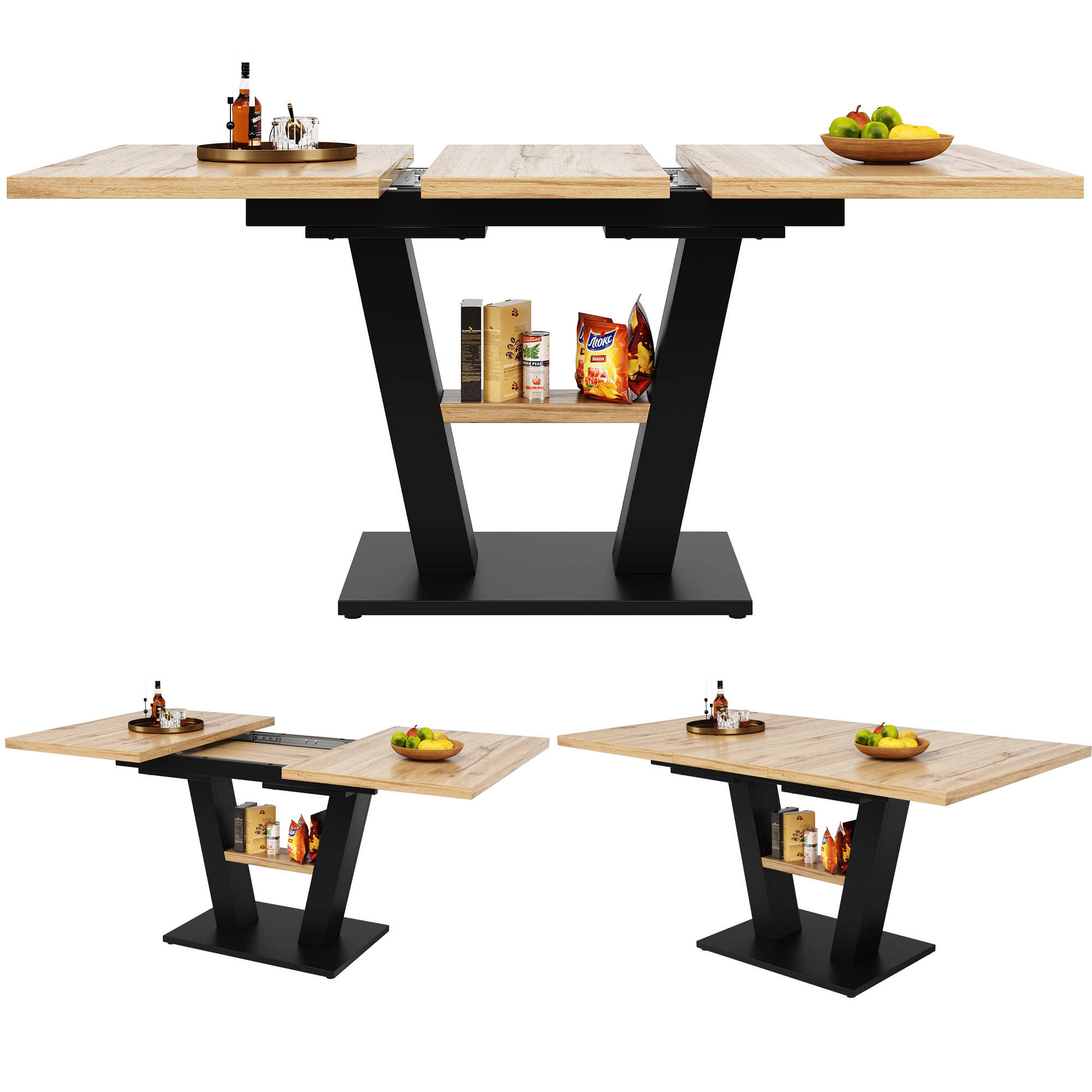 Table à manger extensible 118–157 cm pour 6 à 8 personnes, pieds en V rainurés, MDF, métal, Noir et effet bois naturel - vue complémentaire