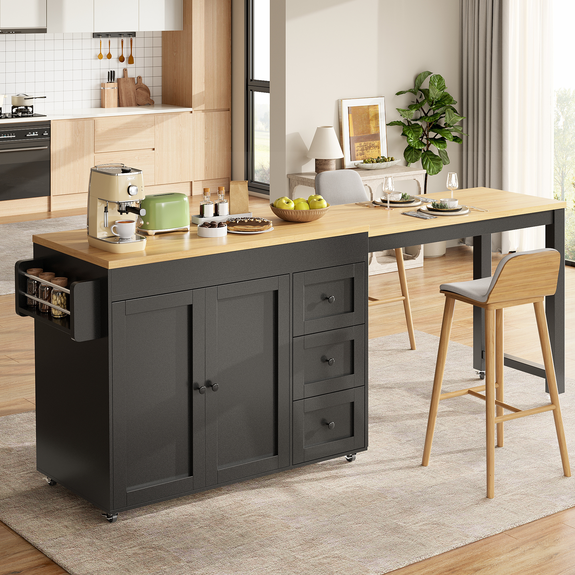 Îlot de cuisine extensible avec espace de rangement de 116 à 179, 5 cm, plateau extensible jusqu'à max. 69, 5 cm, avec 3 tiroirs, tablettes latérales et roulettes, blanc/noir, îlot de cuisine