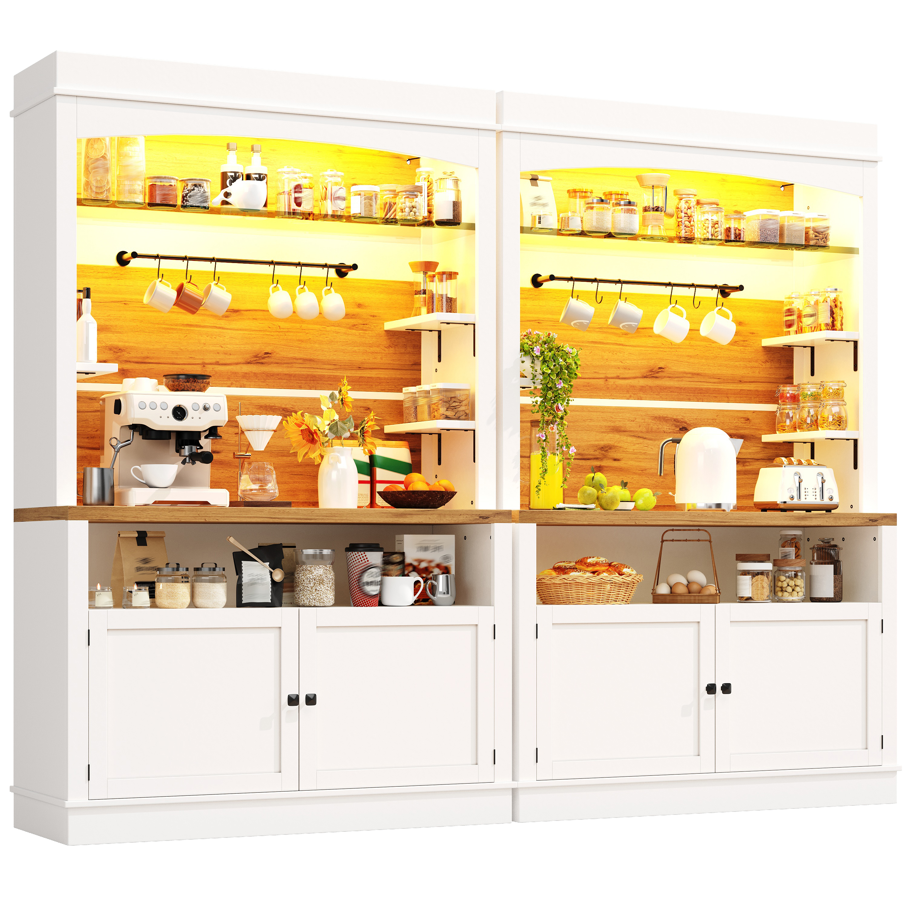 Lot de 2 meubles hauts avec éclairage LED, meuble buffet hauteur 184 cm avec étagère en verre et bande de crochets, blanc, capacité de charge jusqu'à 60 kg, buffet de cuisine, meuble de rangement