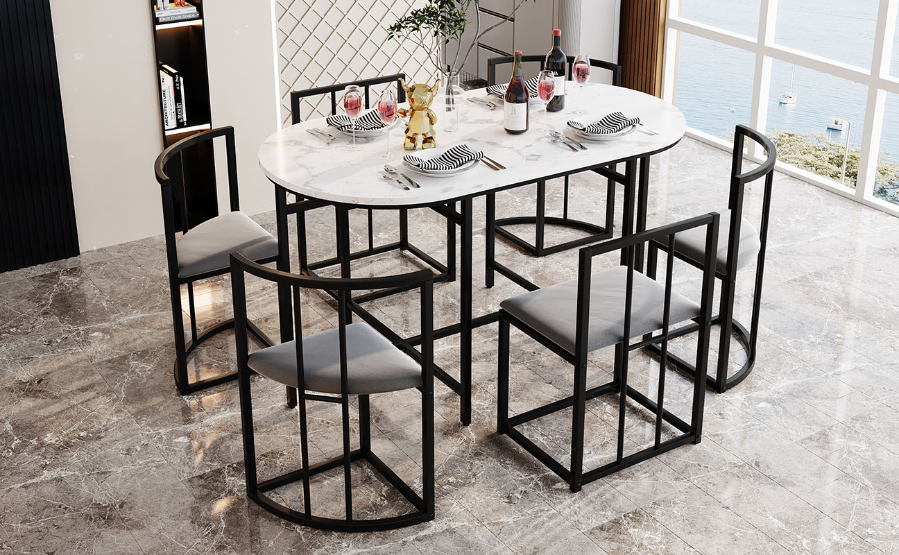 Ensemble table et chaises, 7 pièces, 1 table + 6 chaises, 140 x 80 x 76 cm, métal et MDF, noir - vue 4