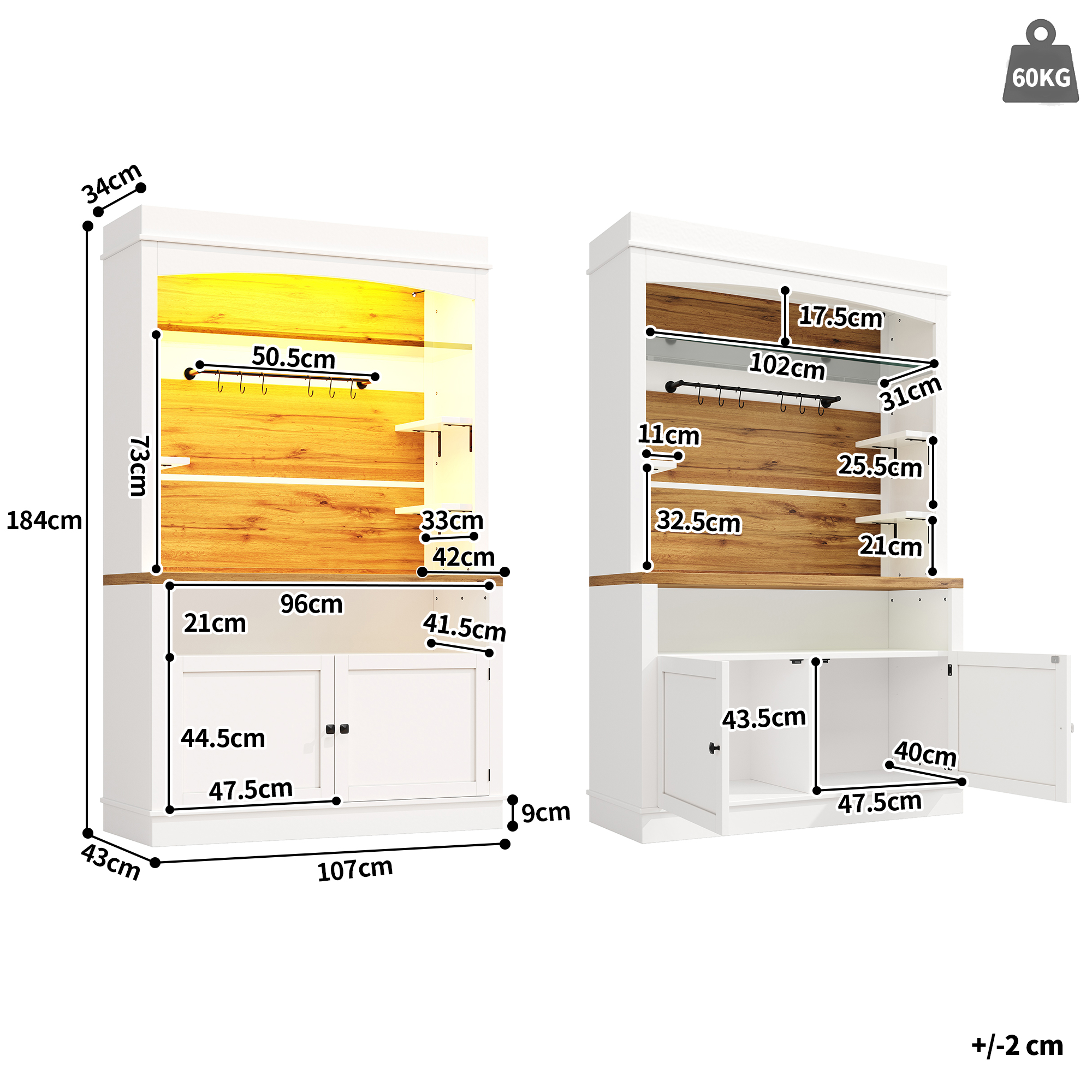 Meuble haut avec éclairage LED et étagère en verre, meuble buffet de 184 cm de haut avec crochet, blanc, peut supporter jusqu'à 60 kg, buffet de cuisine, meuble de rangement, cuisine et salle à manger
