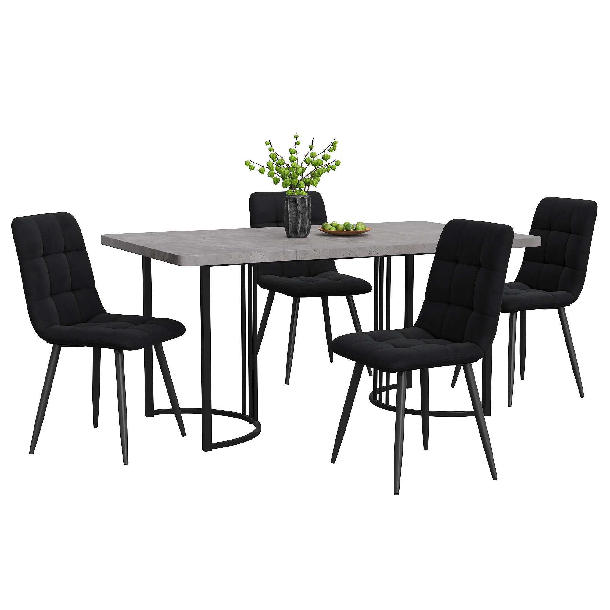 Ensemble table et chaises, 5 pièces, 1 table + 4 chaises, métal et velours, noir - vue 3